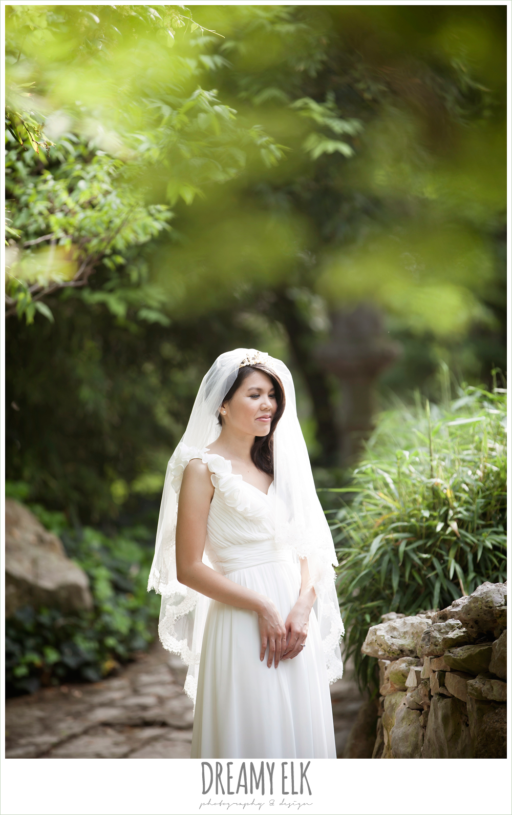modern wedding tiara, chiffon wedding dress with ruffle sleeve, outdoor spring bridal photo, zilker botanical gardens, austin, texas {dreamy elk photography and design}