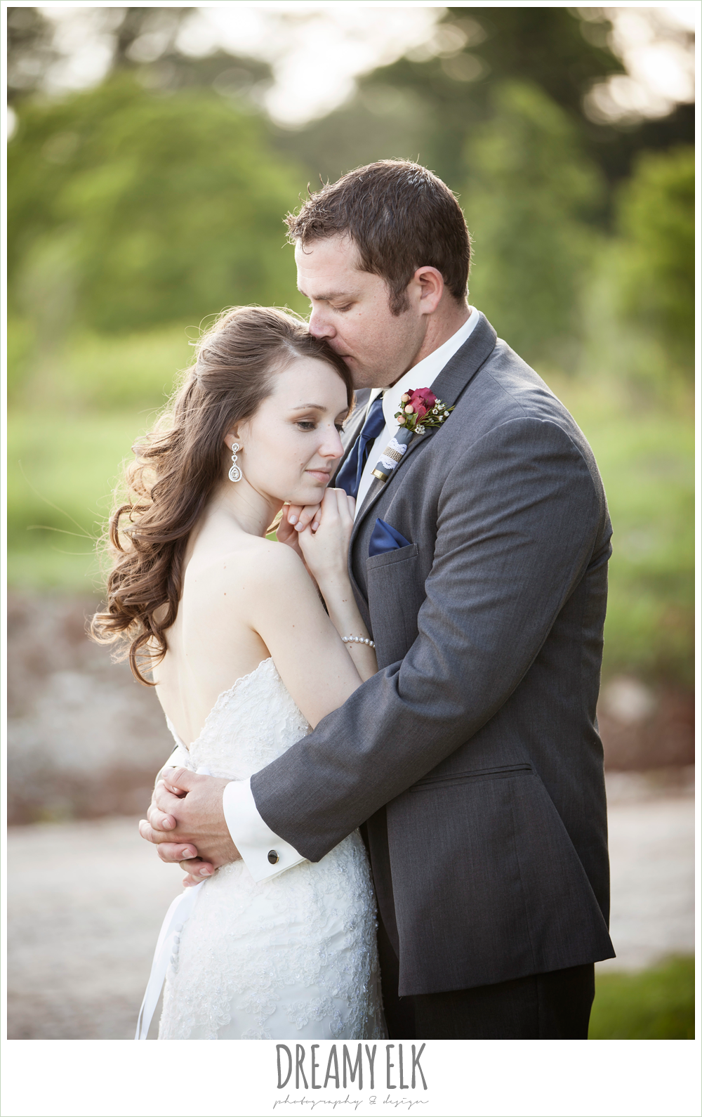 bride and groom, strapless lace wedding dress with belt, gray suit and navy tie, pine lake ranch, rustic wedding photo {dreamy elk photography and design}