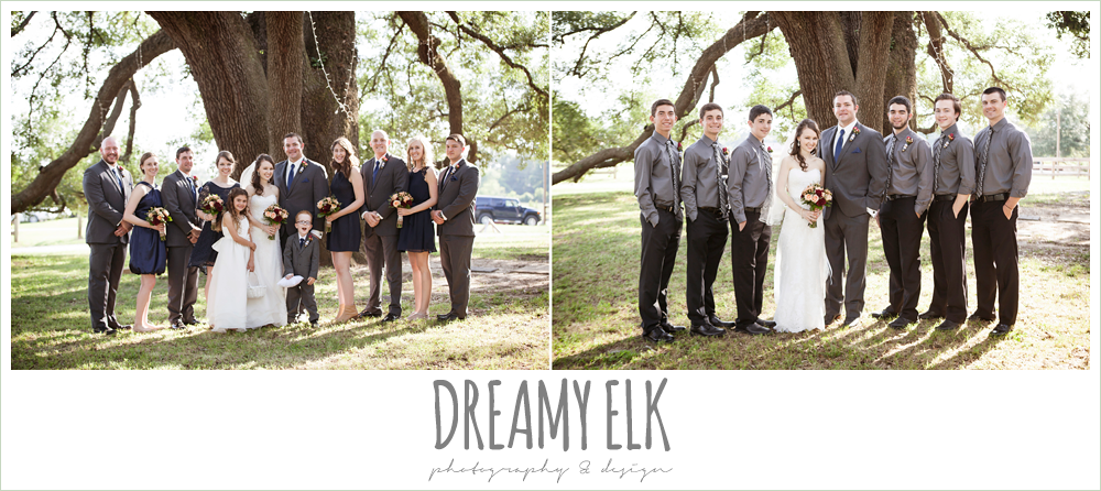 bridal party photo under an oak tree, strapless lace wedding dress with belt, gray suit and navy tie, pine lake ranch, rustic wedding photo {dreamy elk photography and design}