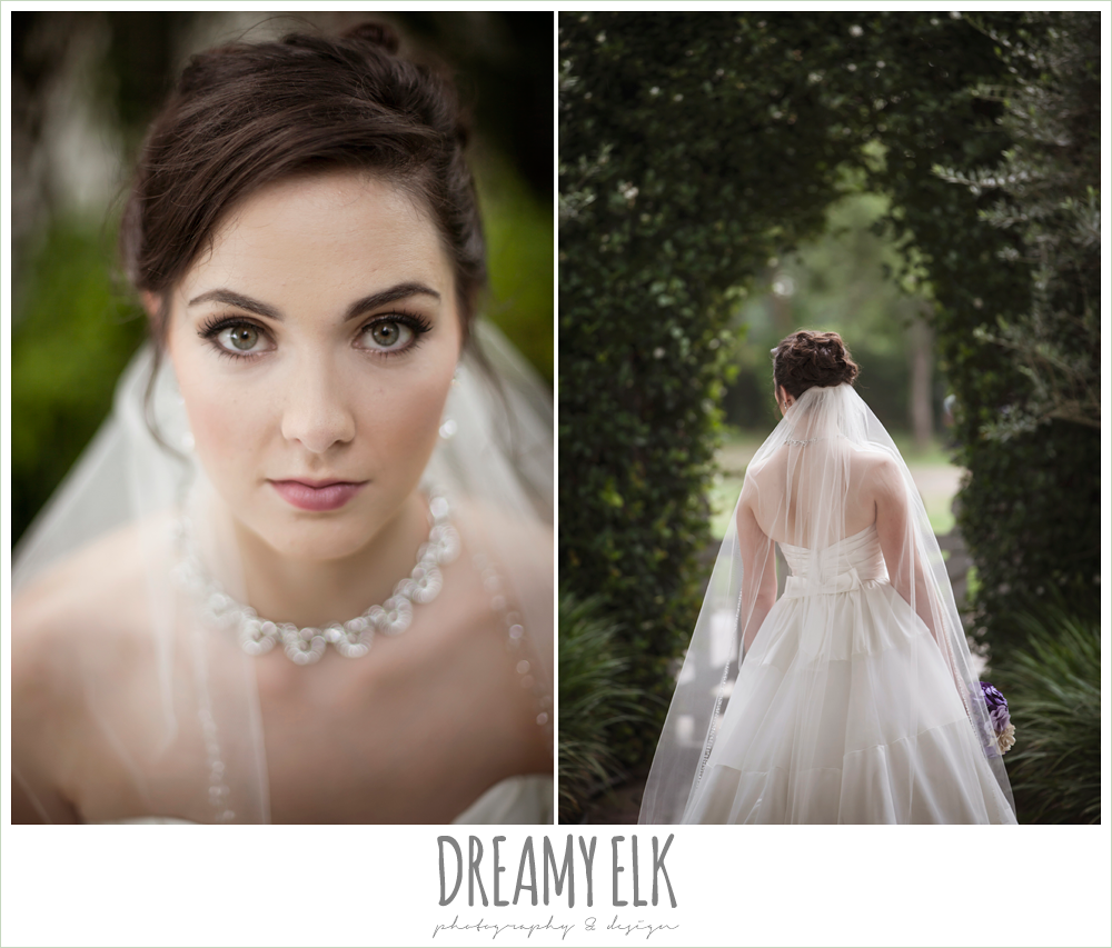 paper flower purple wedding bouquet, ball gown satin wedding dress, outdoor bridal portrait in garden, heather's glen {dreamy elk photography and design}