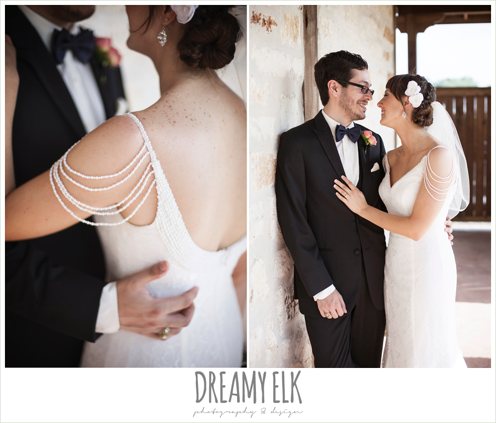 outdoor bride and groom portraits on porch, pearl draped sleeve lace wedding dress, pecan springs, houston, texas, photo {dreamy elk photography and design}