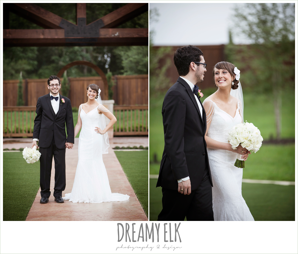 outdoor bride and groom portraits, pearl draped sleeve wedding dress, white wedding bouquet, classic tux and navy bowtie, pecan springs, houston, texas, photo {dreamy elk photography and design}