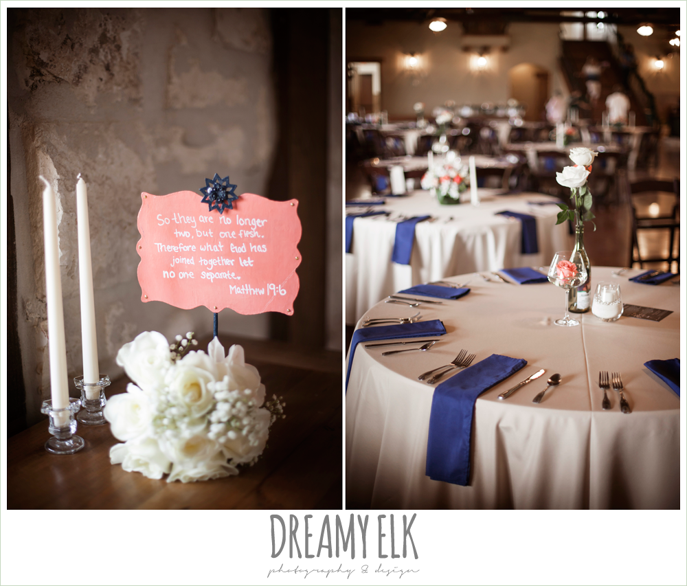 indoor wedding reception decorations, navy and tan linens, pecan springs, houston, texas, photo {dreamy elk photography and design}