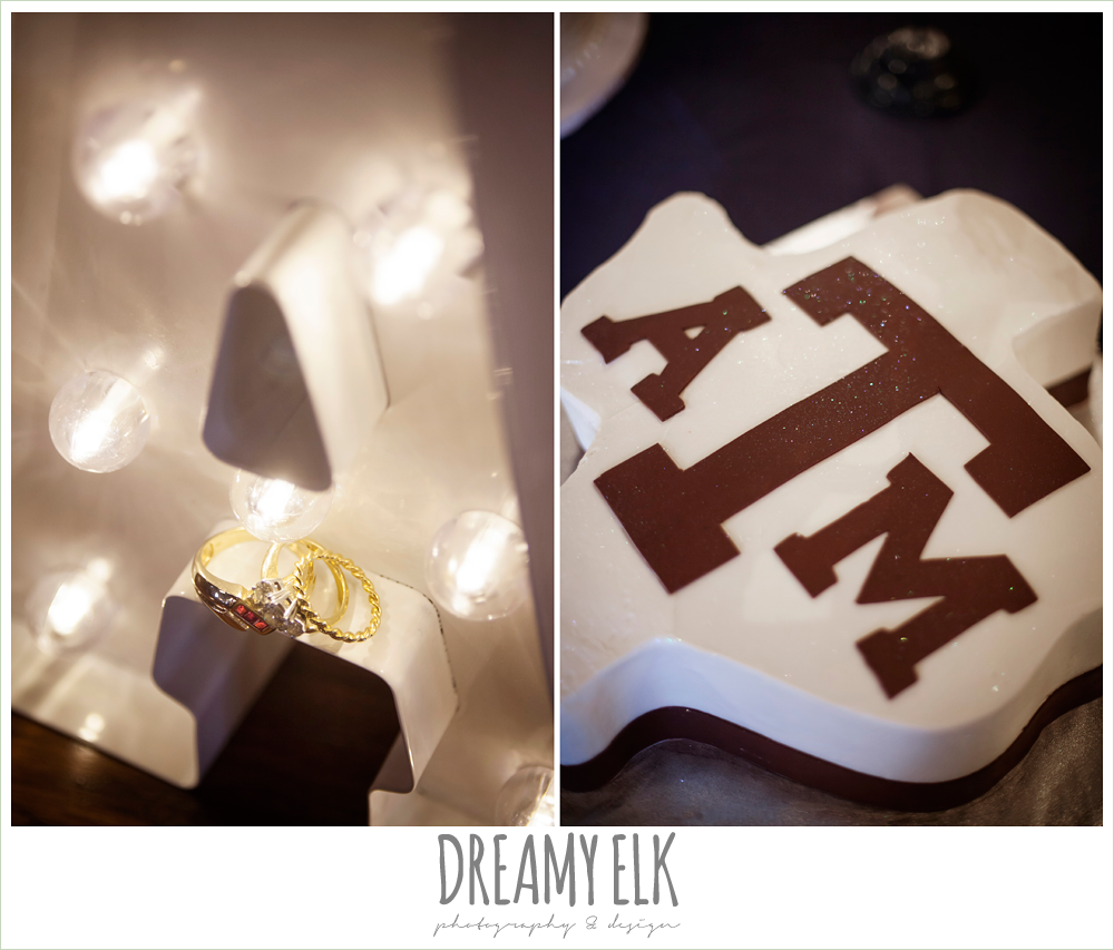 detail photo of wedding rings, marque sign, groom's cake, texas a&m cake, pecan springs, houston, texas photo {dreamy elk photography and design}