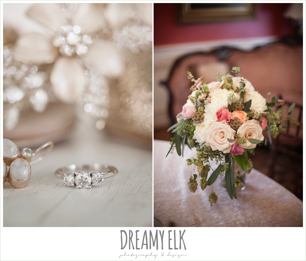 three stone engagement ring, blush neutral unique wedding bouquet, bouquets of austin, the winfield inn, wedding photo {dreamy elk photography and design}