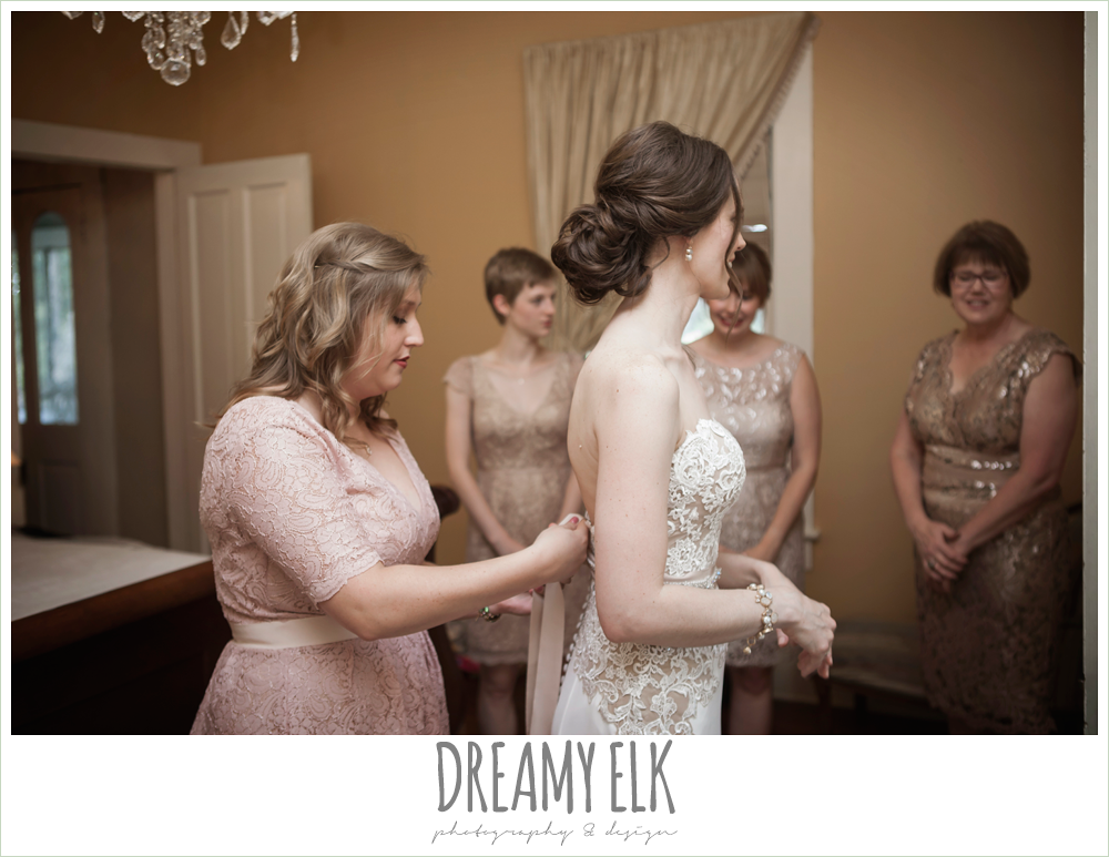 bride getting dressed, wedding hair updo, blush tone bridesmaids dresses, the winfield inn, wedding photo {dreamy elk photography and design}