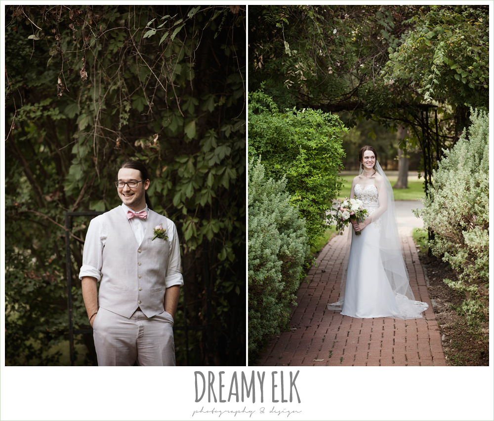 groom in linen vest and pant, pink bow tie, cathedral length lace veil, sweetheart strapless two tone wedding dress, bouquets of austin, the winfield inn, summer wedding photo {dreamy elk photography and design}