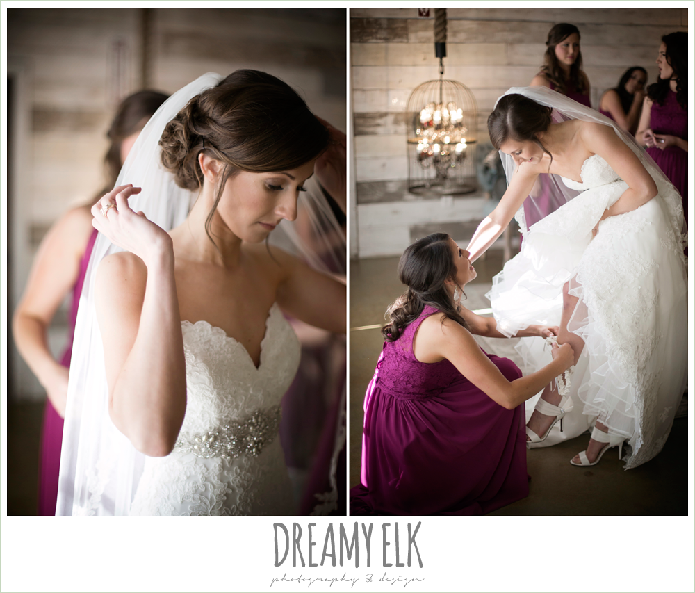 bride getting dressed, mulberry bridesmaids dress, ventura's bridal, rustic chic, spring wedding photo, big sky barn, montgomery, texas {dreamy elk photography and design}