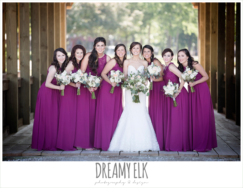 bride and bridesmaids, mulberry long bridesmaids dress, lace sweetheart mermaid wedding dress, blush and greenery wedding bouquet, carter's florist, rustic chic, spring wedding photo, big sky barn, montgomery, texas {dreamy elk photography and desig…