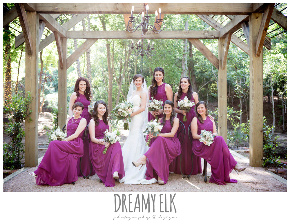 bride and bridesmaids, mulberry long bridesmaids dress, lace sweetheart mermaid wedding dress, blush and greenery wedding bouquet, carter's florist, rustic chic, spring wedding photo, big sky barn, montgomery, texas {dreamy elk photography and desig…