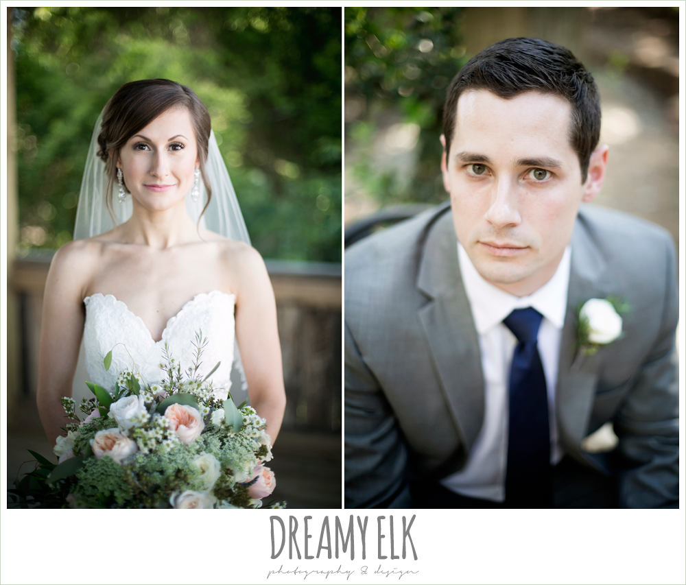 gray suit with navy tie, lace sweetheart mermaid wedding dress, blush and greenery wedding bouquet, carter's florist, rustic chic, spring wedding photo, big sky barn, montgomery, texas {dreamy elk photography and design}