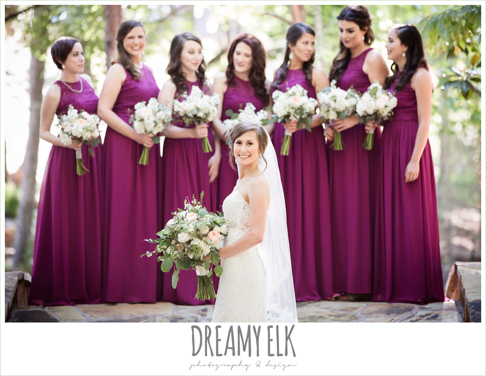 mulberry long bridesmaids dress, lace sweetheart mermaid wedding dress, blush and greenery wedding bouquet, carter's florist, rustic chic, spring wedding photo, big sky barn, montgomery, texas {dreamy elk photography and design}
