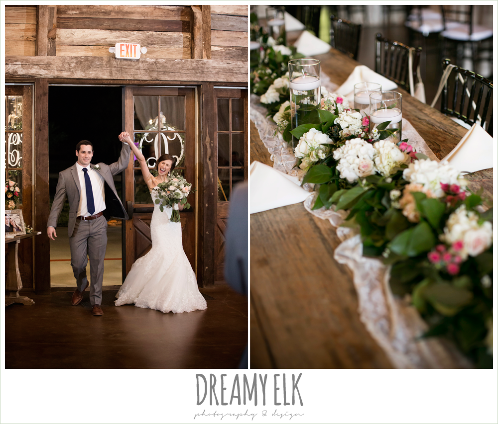 bride and groom entering reception, wedding reception decorations, rustic chic, spring wedding photo, big sky barn, montgomery, texas {dreamy elk photography and design}