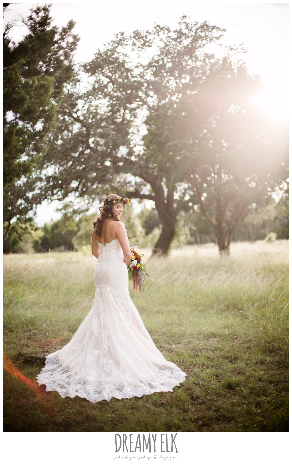 flower crown, sunflower fall bouquet, sweetheart strapless lace fit and flare wedding dress, wedding hair down, outdoor september bridal photo in a field, la hacienda, dripping springs, texas {dreamy elk photography and design}