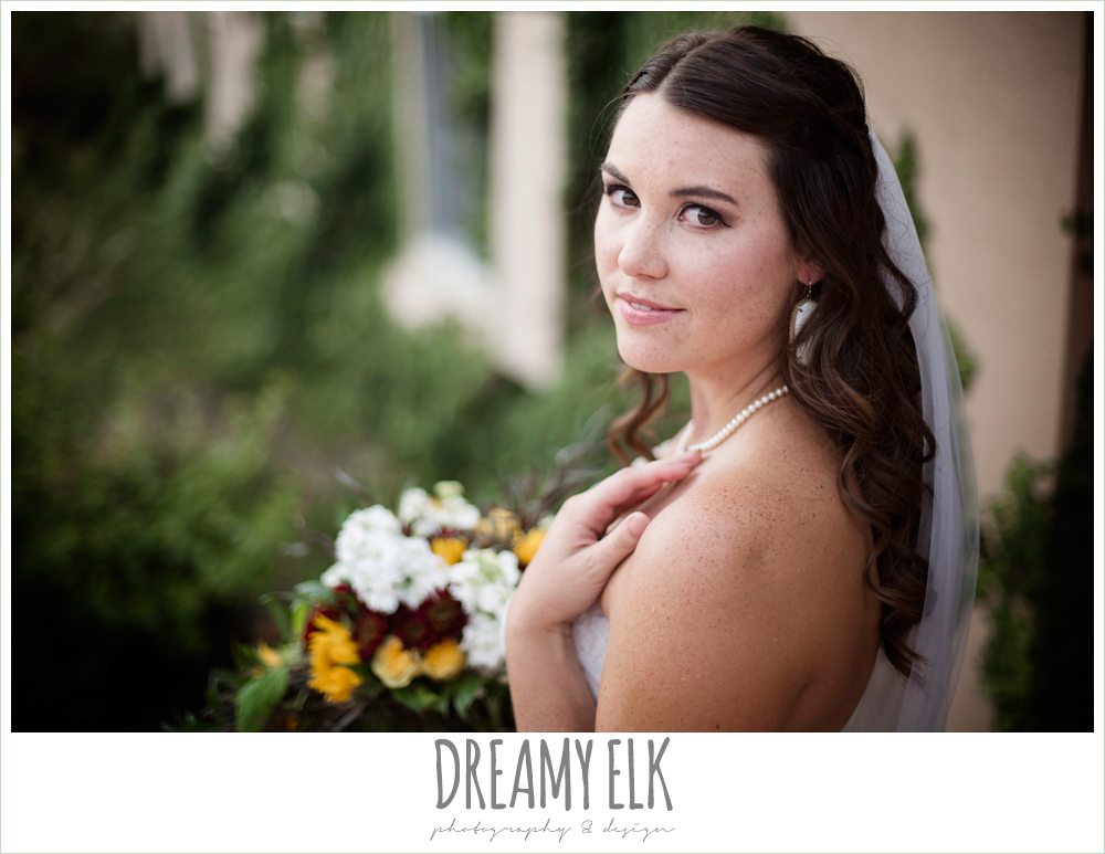 flower crown, sunflower fall bouquet, sweetheart strapless lace fit and flare wedding dress, wedding hair down, outdoor september bridal photo in a field, la hacienda, dripping springs, texas {dreamy elk photography and design}