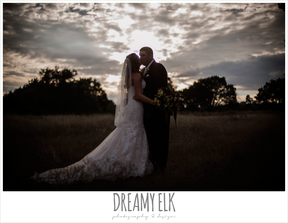 ventura's bridal fashions, sweetheart lace strapless fit and flare wedding dress, sunset bride and groom portraits, maroon and gold fall wedding photo, la hacienda, dripping springs, texas {dreamy elk photography and design}