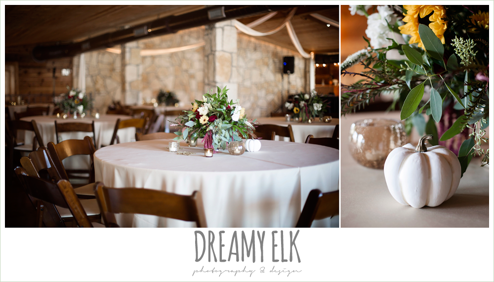wild bunches floral, indoor wedding reception decor, table setting, table centerpiece, maroon and gold fall wedding photo, la hacienda, dripping springs, texas {dreamy elk photography and design}