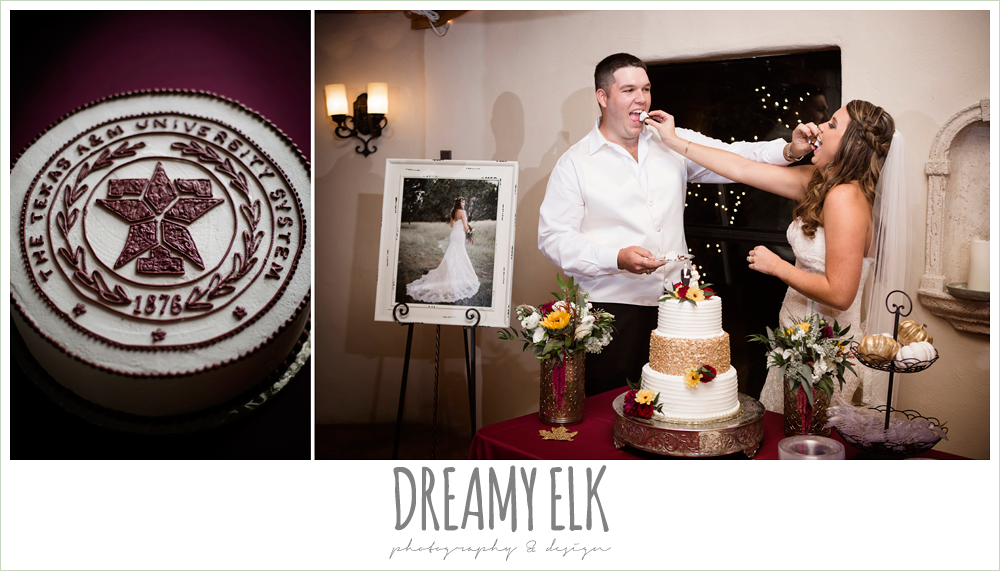 wild bunches floral, aggie grooms cake, bride and groom feeding each other cake, indoor wedding reception, maroon and gold fall wedding photo, la hacienda, dripping springs, texas {dreamy elk photography and design}