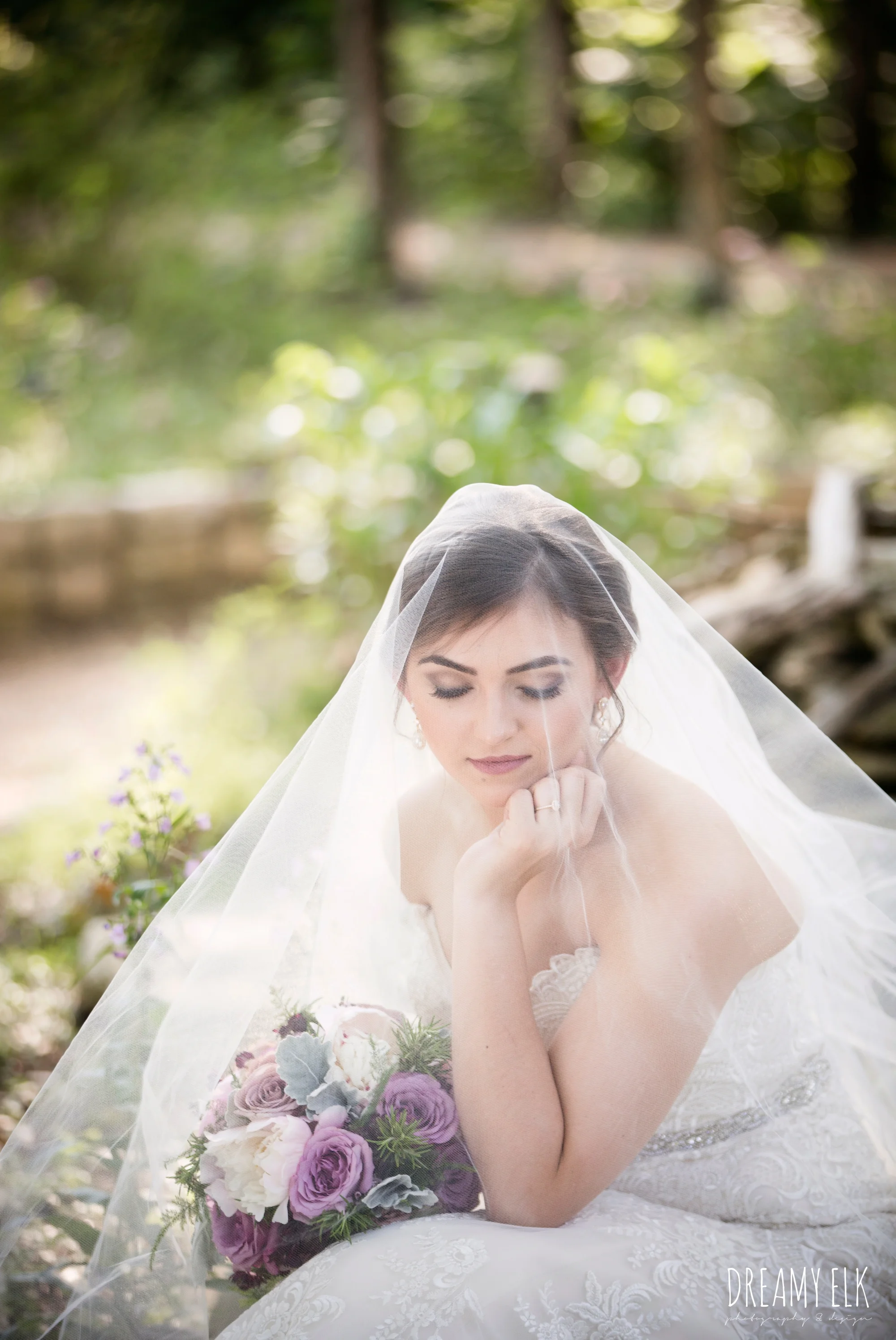 outdoor bridal photo, lace fit and flare sweetheart wedding dress, purple wedding bouquet, long veil, wedding hair up, zilker botanical gardens, austin, texas {dreamy elk photography and design}