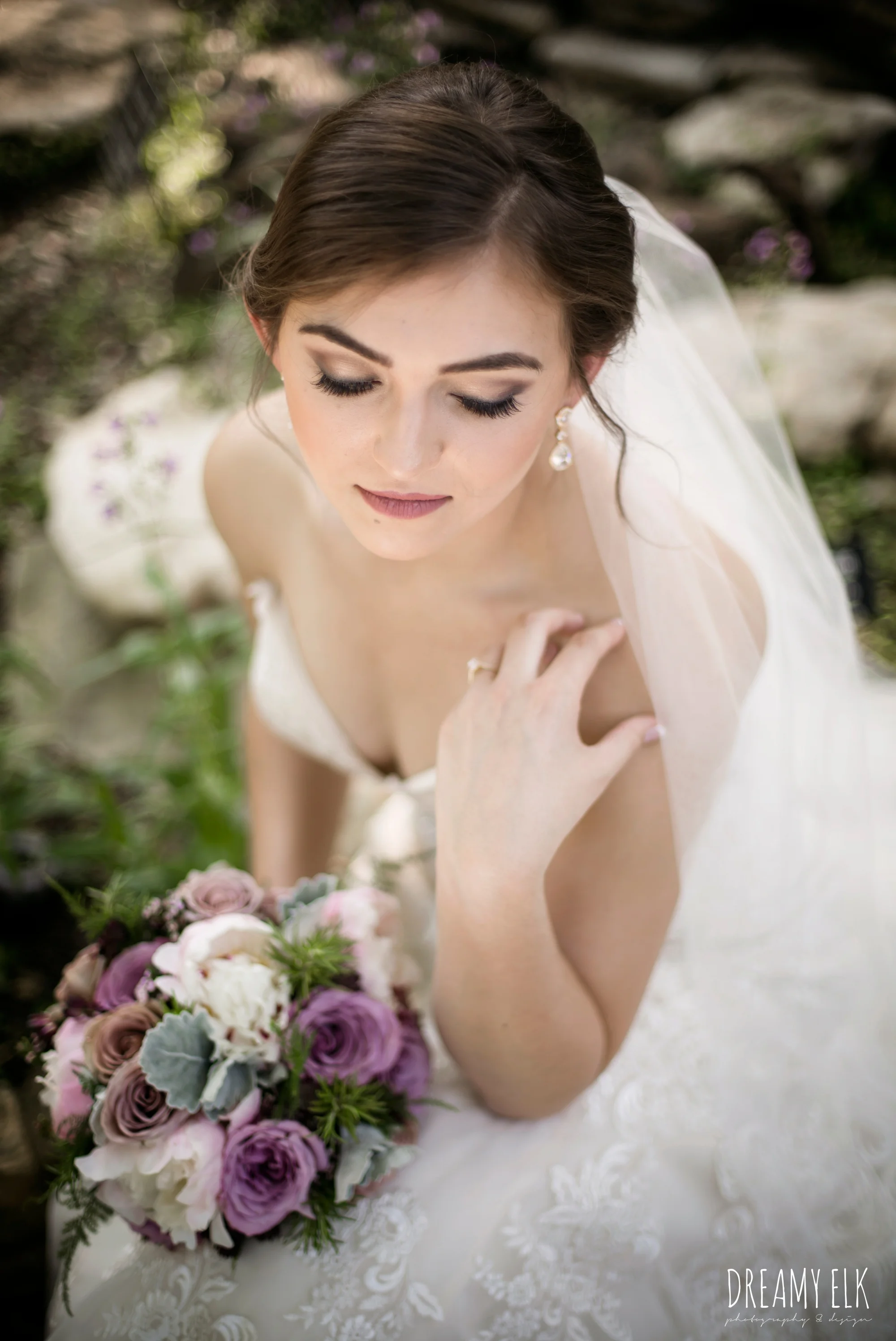 outdoor bridal photo, lace fit and flare sweetheart wedding dress, purple wedding bouquet, long veil, wedding hair up, zilker botanical gardens, austin, texas {dreamy elk photography and design}