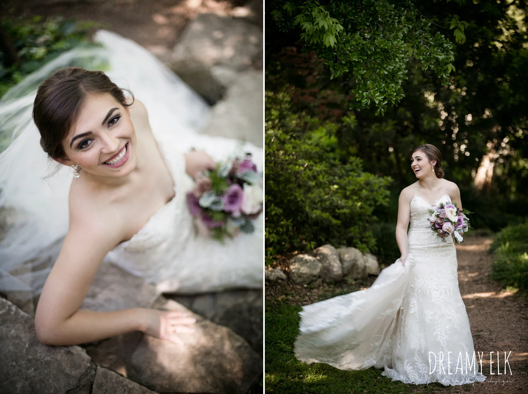 outdoor bridal photo, lace fit and flare sweetheart wedding dress, purple wedding bouquet, long veil, wedding hair up, zilker botanical gardens, austin, texas {dreamy elk photography and design}