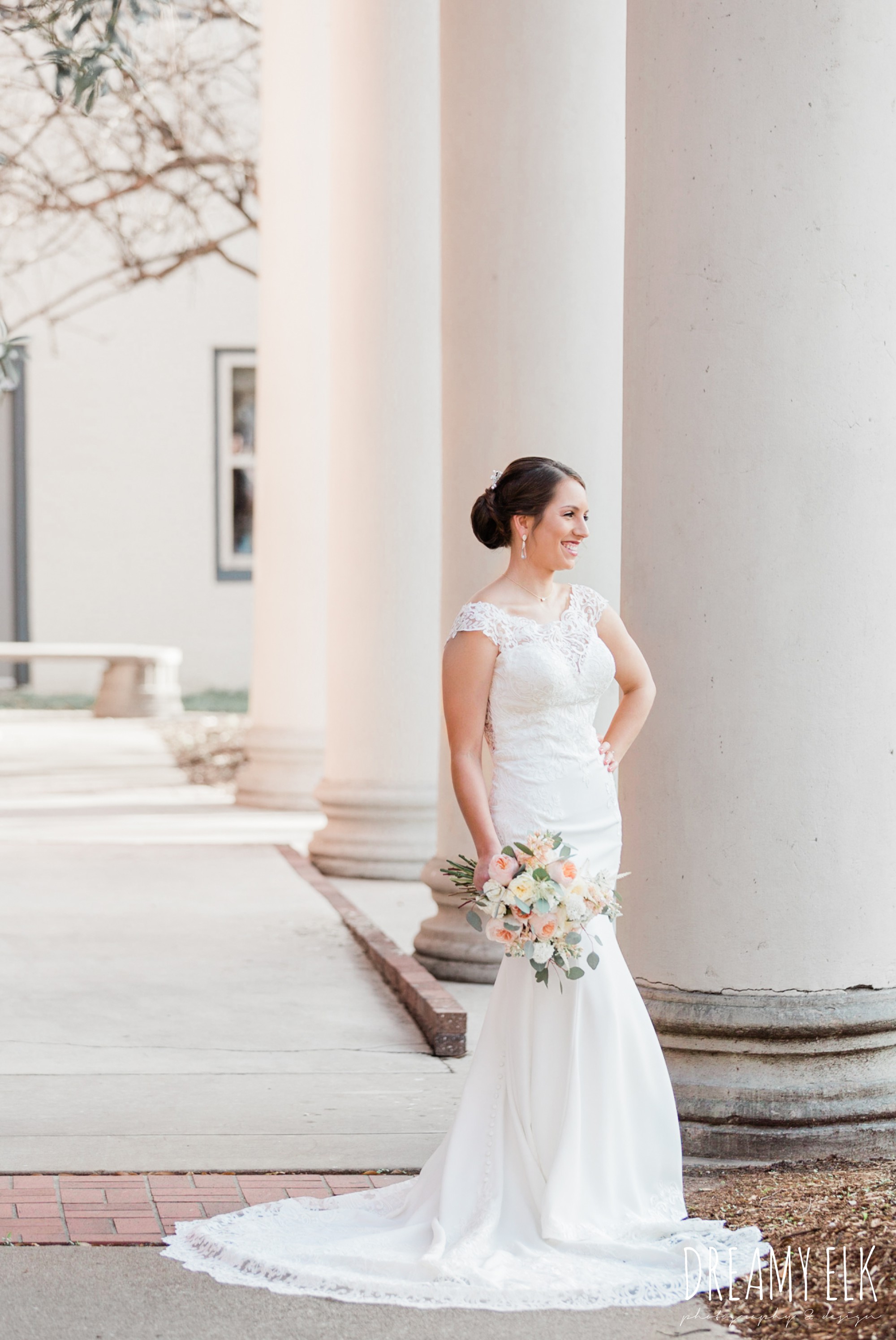 essense of australia column wedding dress downtown bryan texas, outdoor spring bridal photo, dreamy elk photography and design