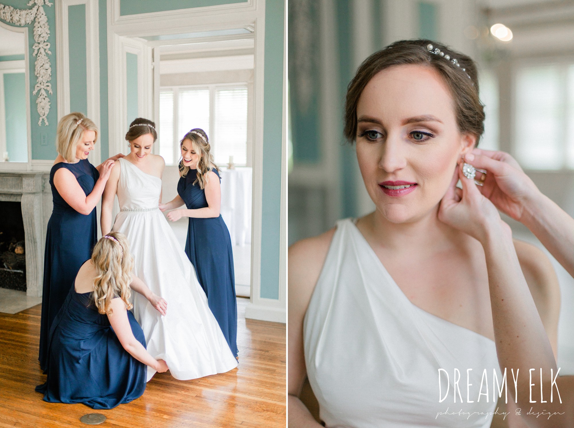 long navy bridesmaid watters dress, wedding hair updo, modern wedding dress ballgown, spring wedding, the astin mansion, bryan, texas, spring wedding, dreamy elk photography and design