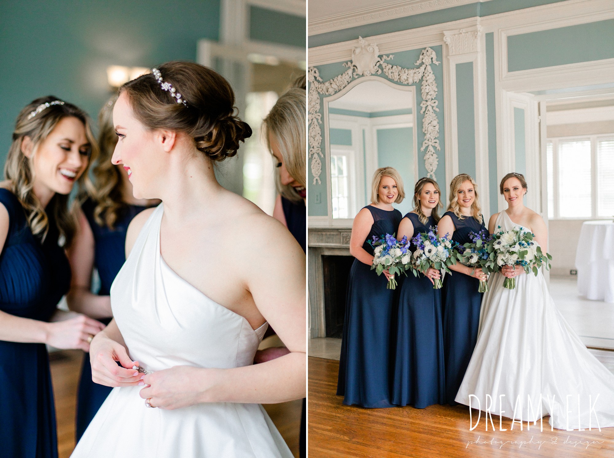 long navy bridesmaid watters dress, wedding hair updo, modern wedding dress ballgown, spring wedding, the astin mansion, bryan, texas, spring wedding, dreamy elk photography and design