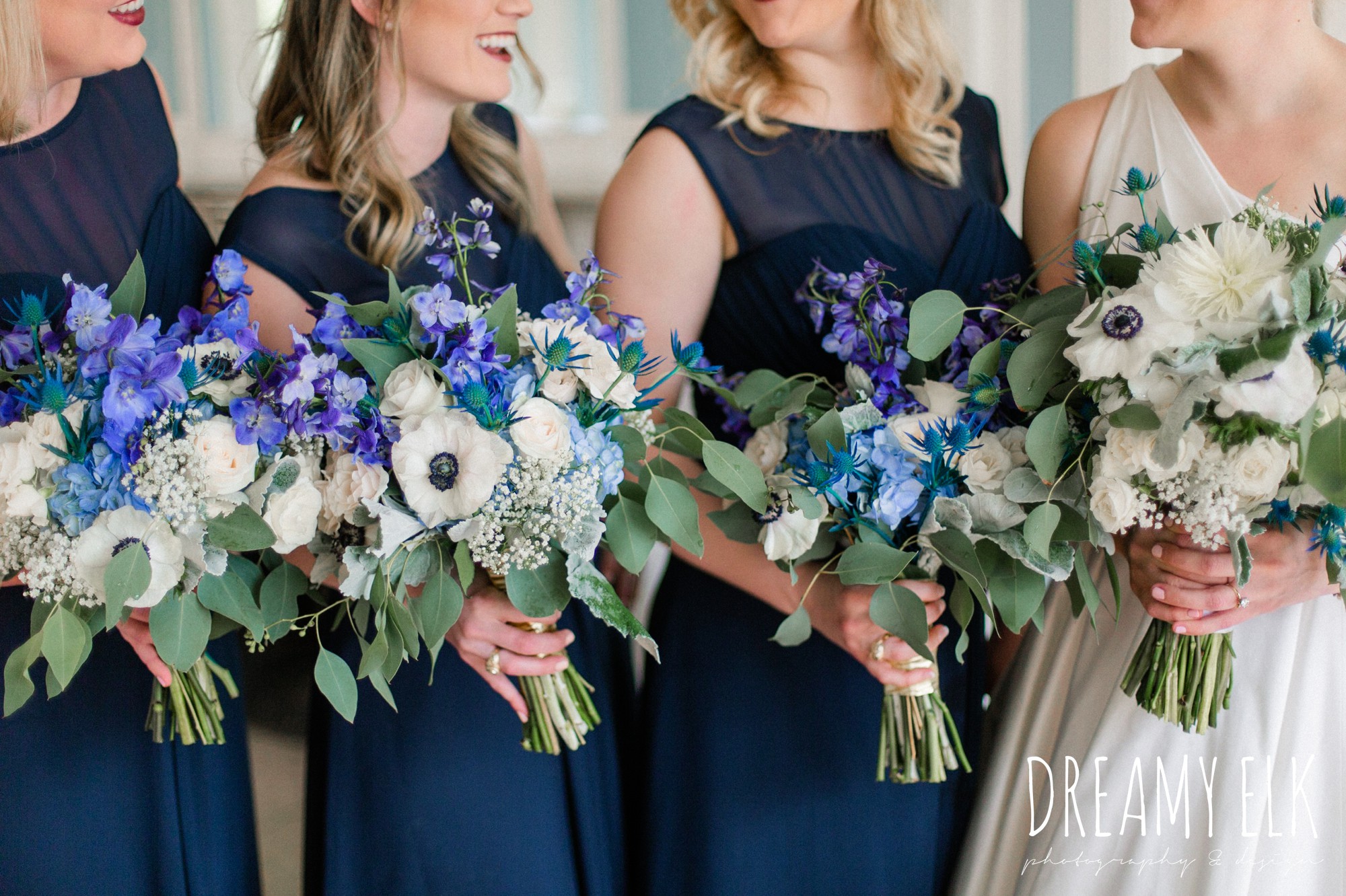 carriage house floral design, blue wedding bouquet, navy bridesmaid dress, spring wedding, the astin mansion, bryan, texas, spring wedding, dreamy elk photography and design