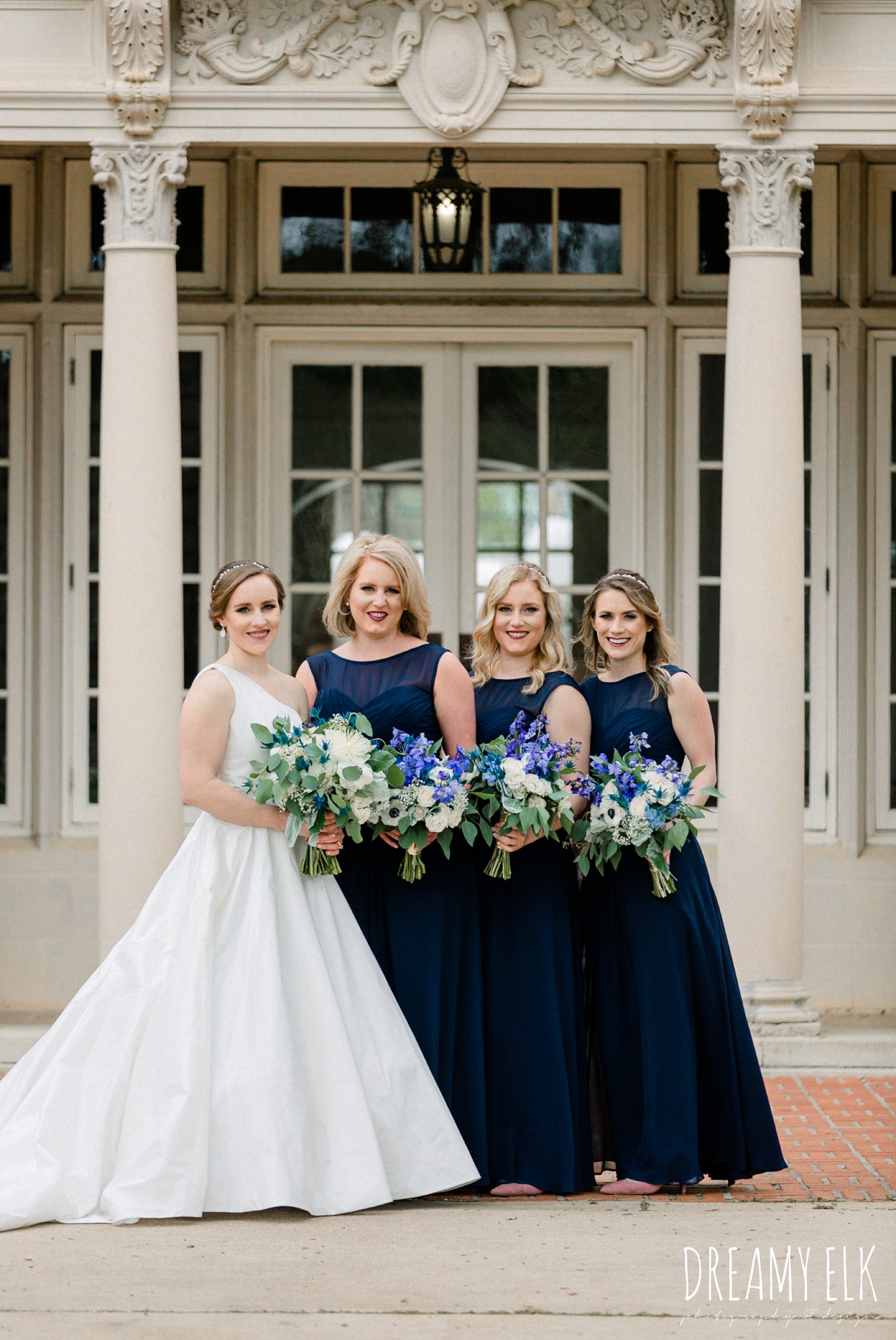 blue wedding bouquet, long navy bridesmaid dress, modern wedding dress ballgown, spring wedding, the astin mansion, bryan, texas, spring wedding, dreamy elk photography and design