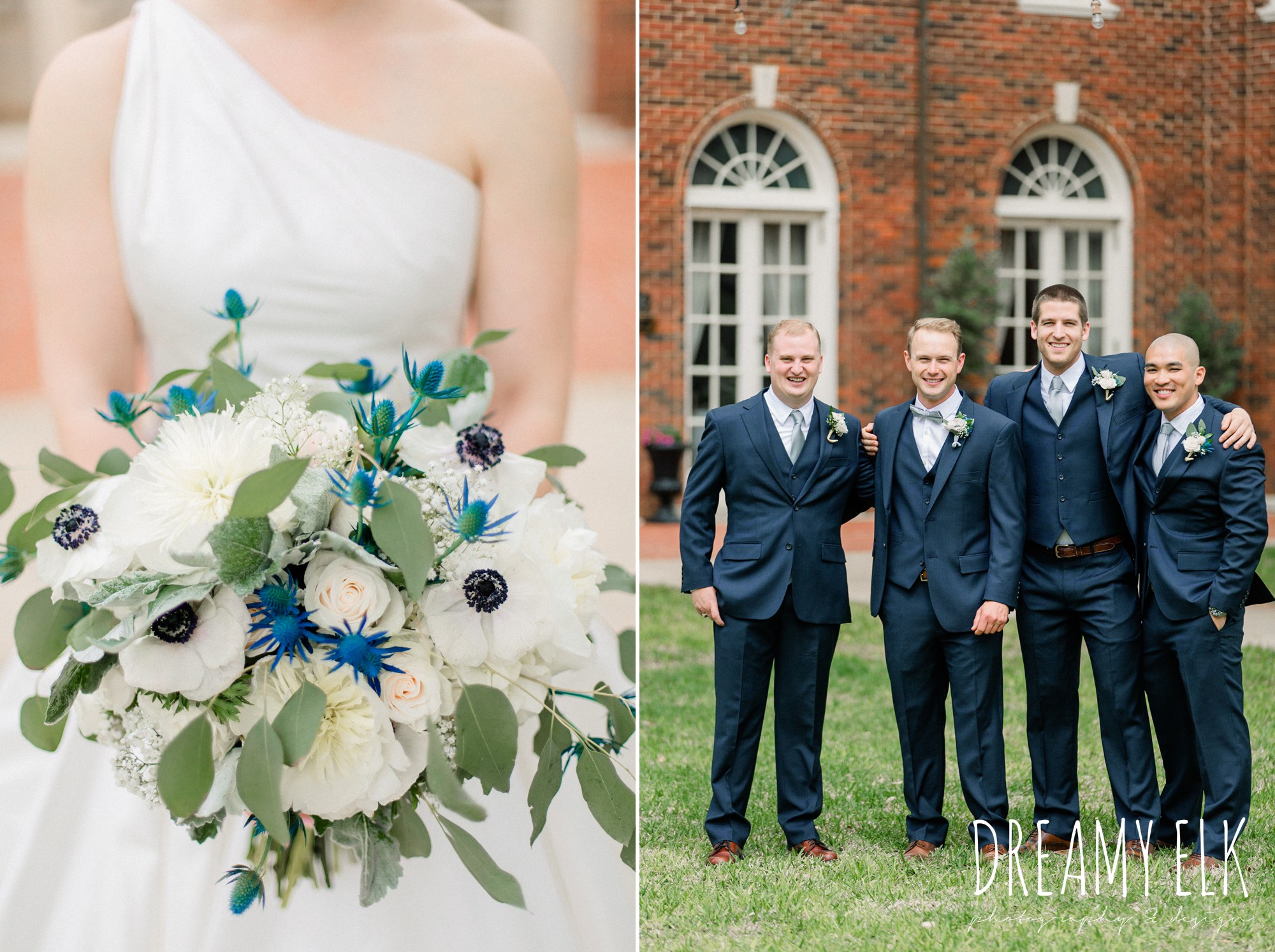 groom and groomsmen, blue wedding bouquet, modern wedding dress ballgown, spring wedding, the astin mansion, bryan, texas, spring wedding, dreamy elk photography and design