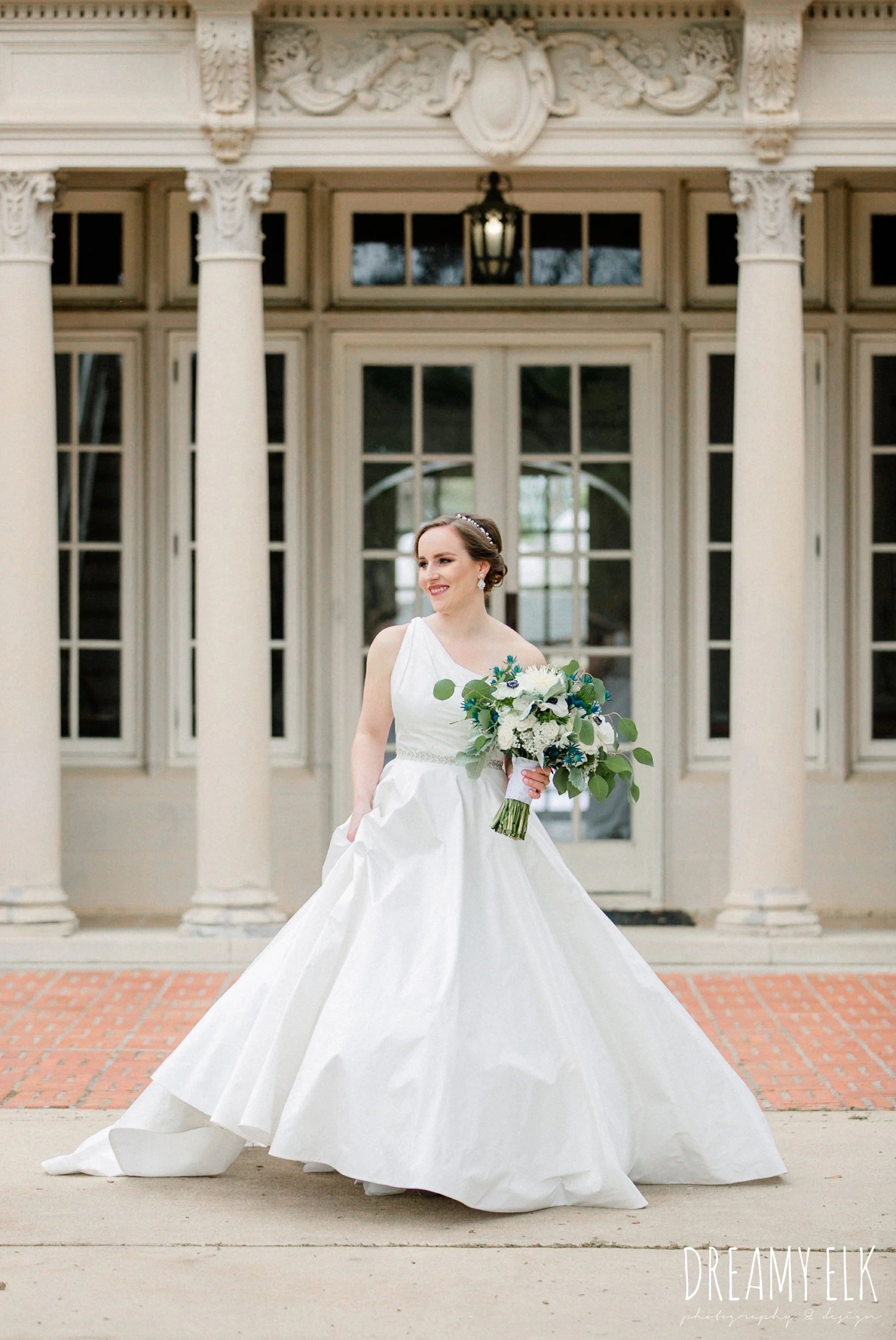 blue wedding bouquet, modern wedding dress ballgown, spring wedding, the astin mansion, bryan, texas, spring wedding, dreamy elk photography and design