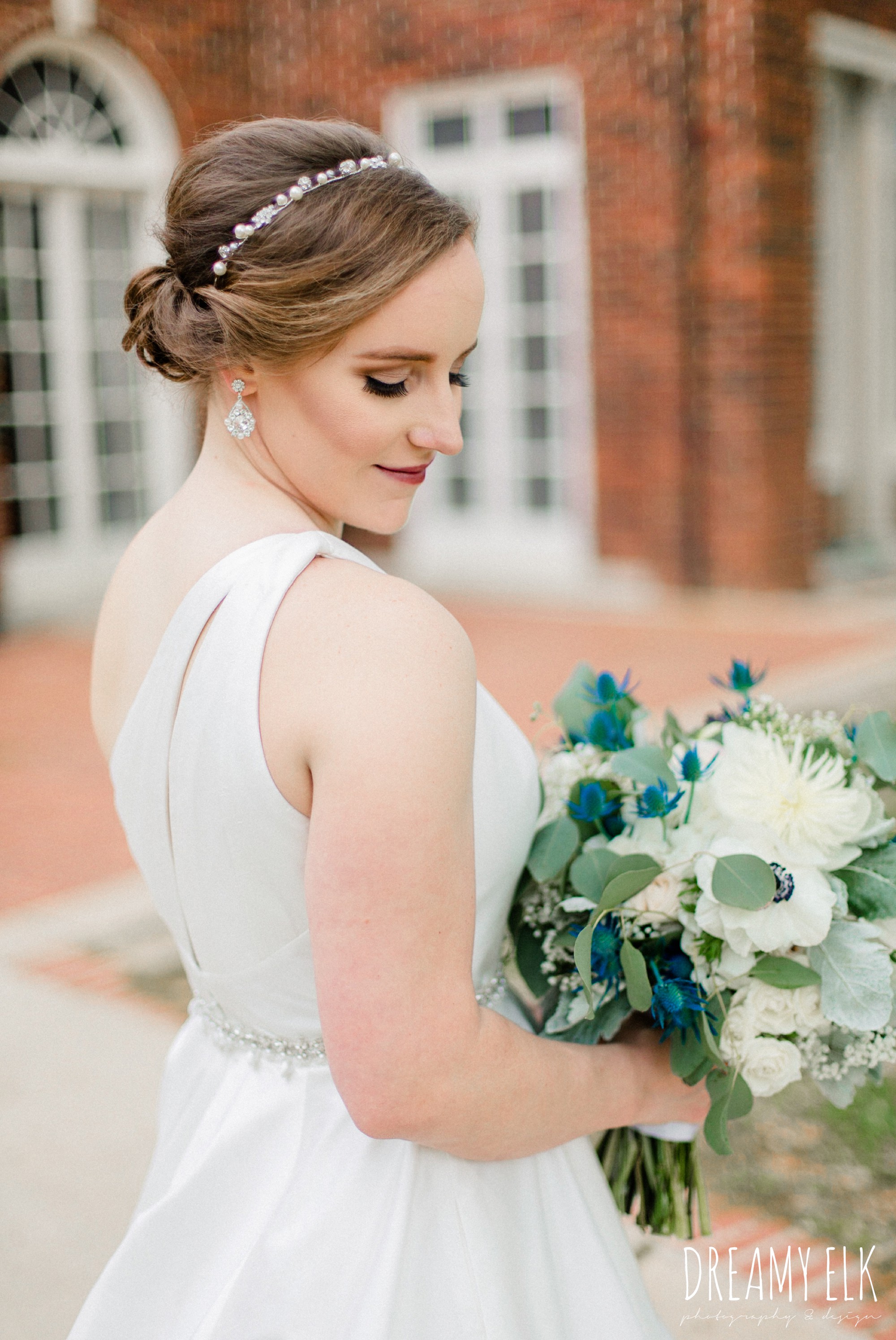 blue wedding bouquet, modern wedding dress ballgown, spring wedding, the astin mansion, bryan, texas, spring wedding, dreamy elk photography and design