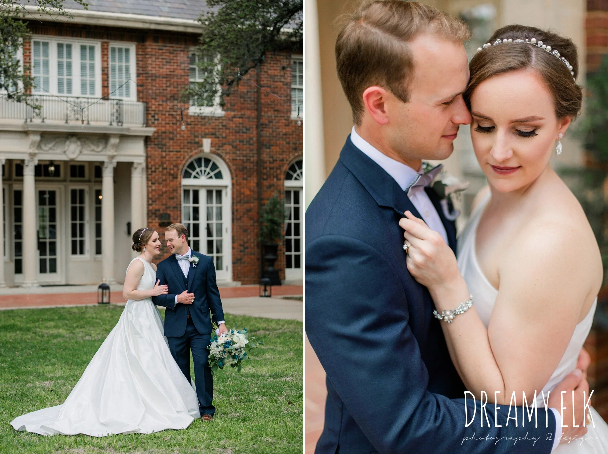 bride and groom, men's wearhouse, blue wedding bouquet, modern wedding dress ballgown, spring wedding, the astin mansion, bryan, texas, spring wedding, dreamy elk photography and design