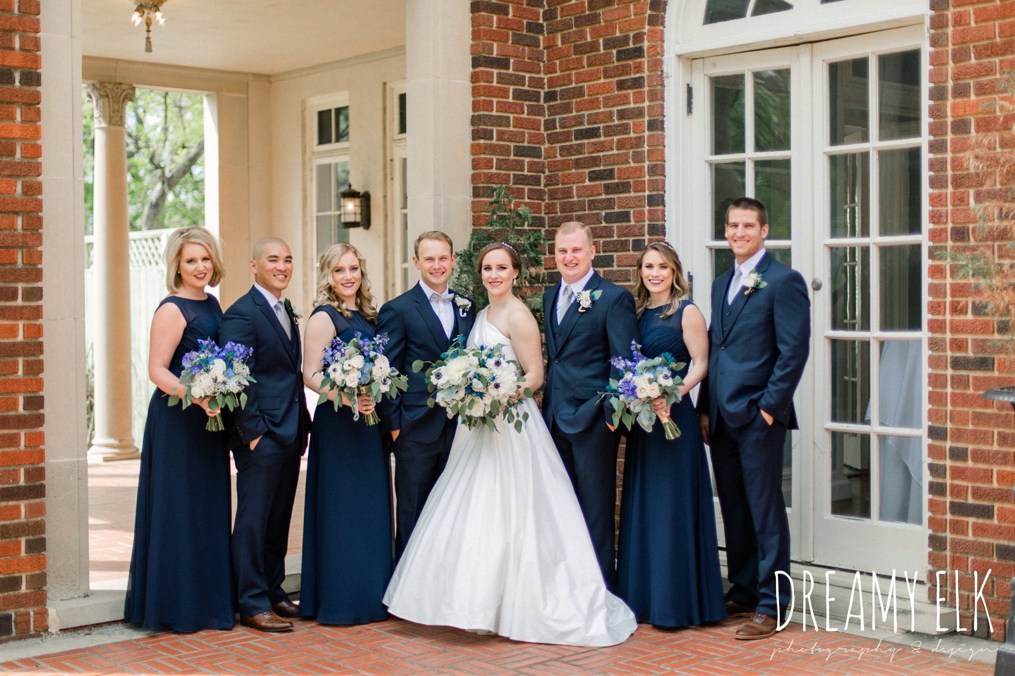 bridal party, blue wedding bouquet, modern wedding dress ballgown, spring wedding, the astin mansion, bryan, texas, spring wedding, dreamy elk photography and design