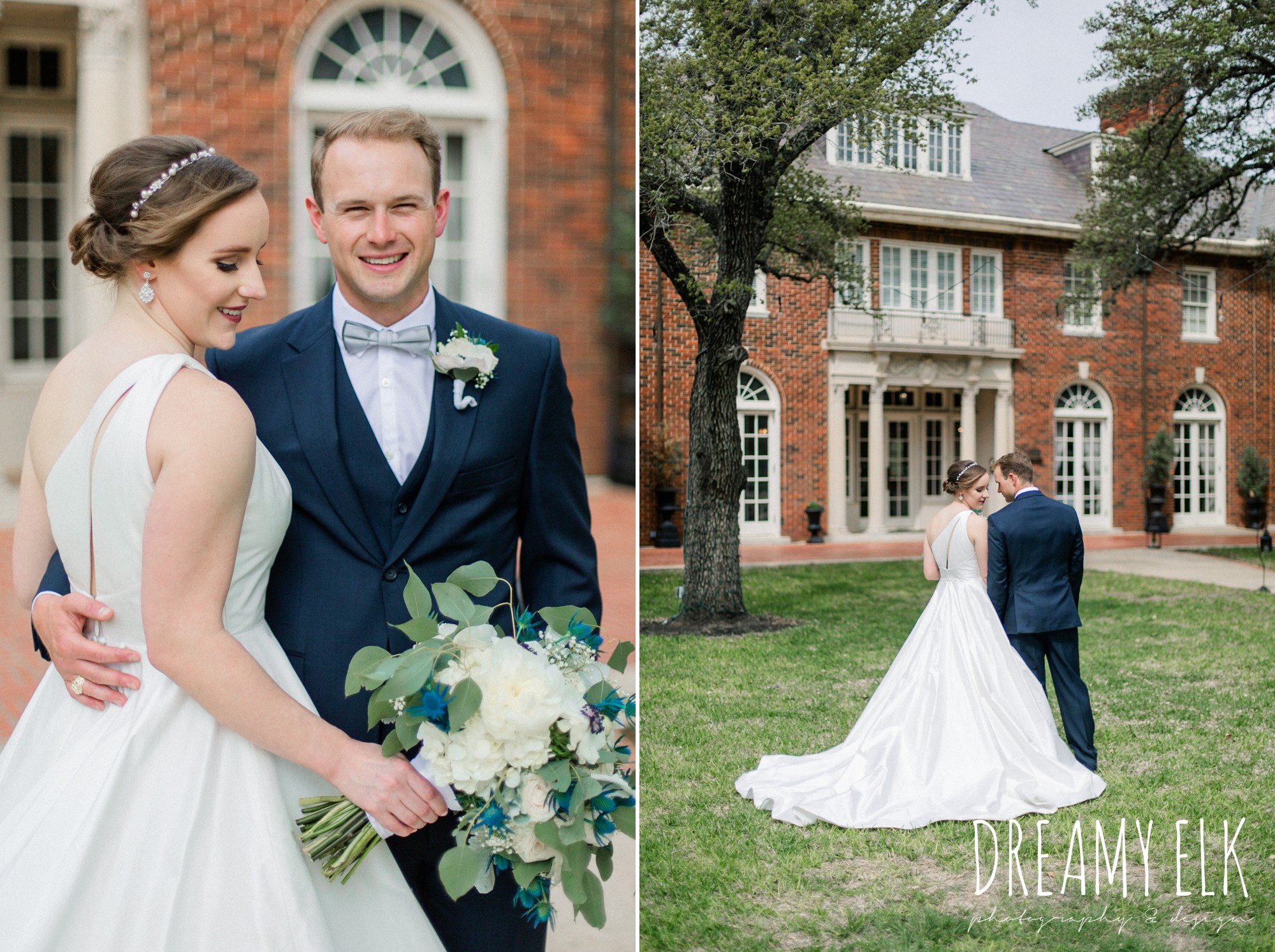 bride and groom, men's wearhouse, blue wedding bouquet, modern wedding dress ballgown, spring wedding, the astin mansion, bryan, texas, spring wedding, dreamy elk photography and design