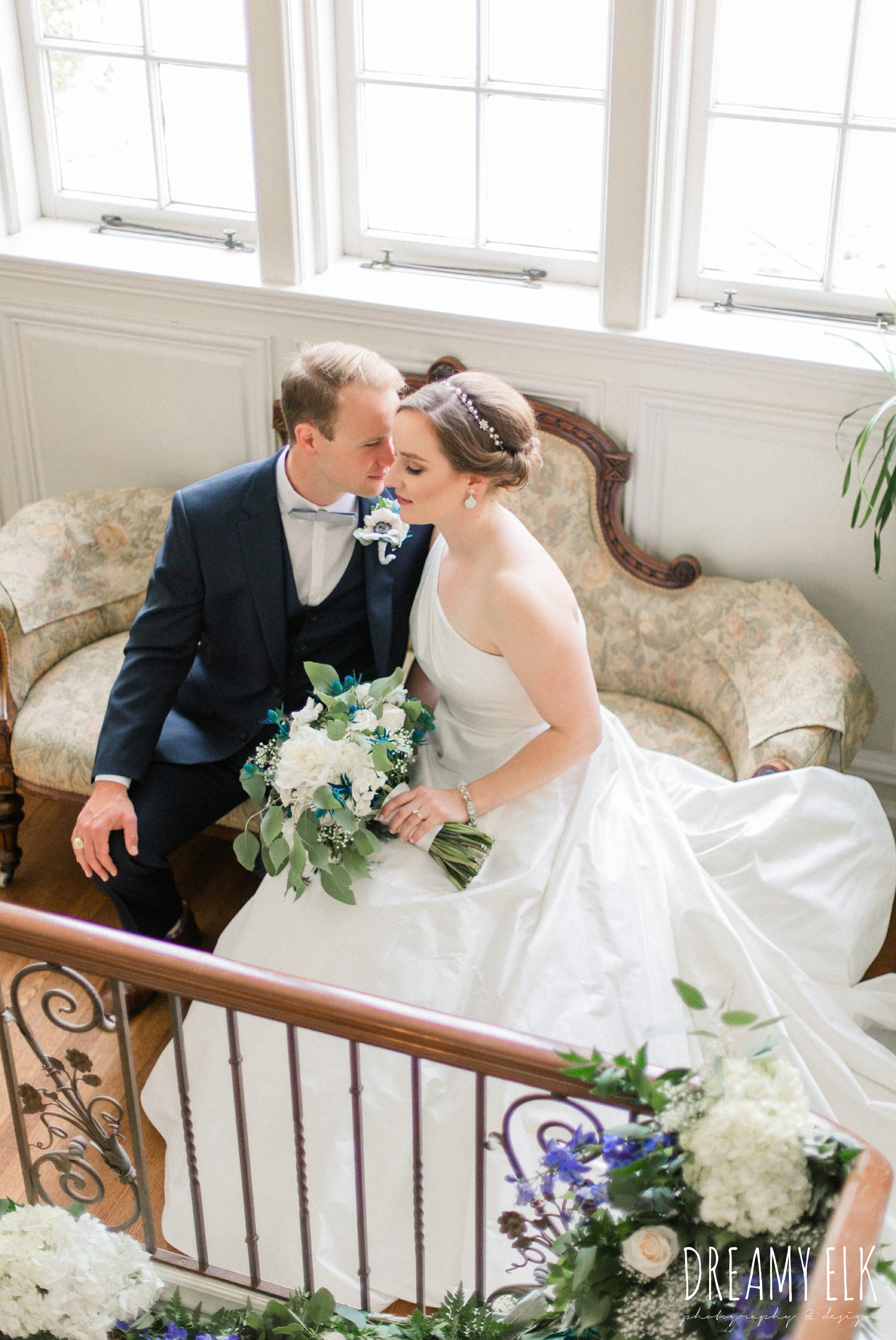 bride and groom, men's wearhouse, blue wedding bouquet, modern wedding dress ballgown, spring wedding, the astin mansion, bryan, texas, spring wedding, dreamy elk photography and design