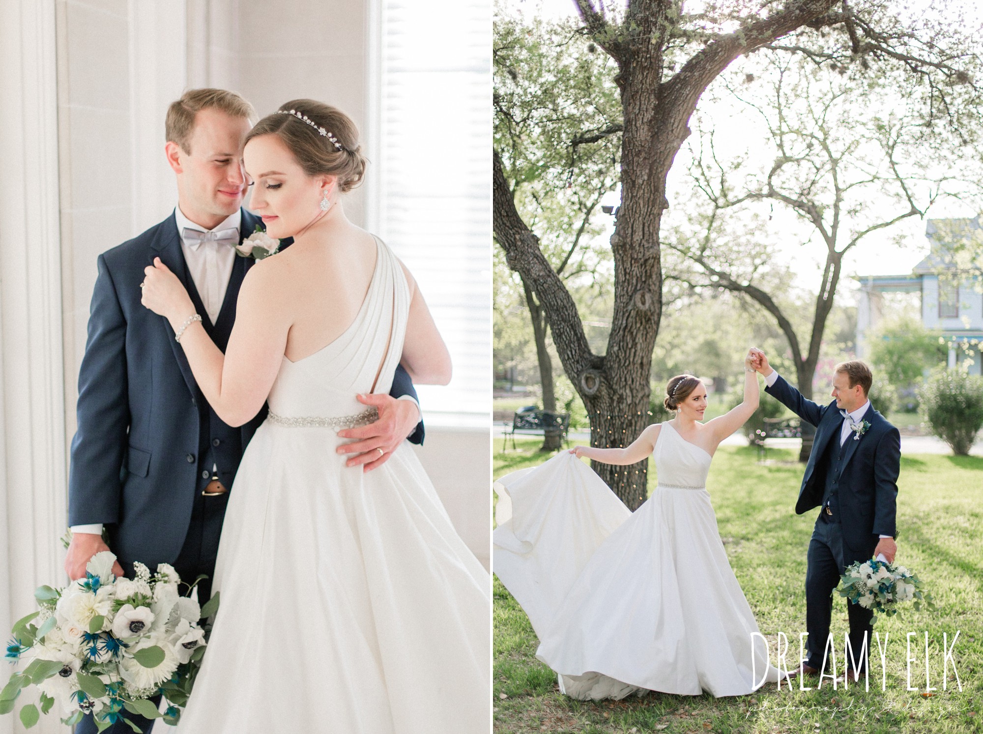 bride and groom, men's wearhouse, blue wedding bouquet, modern wedding dress ballgown, spring wedding, the astin mansion, bryan, texas, spring wedding, dreamy elk photography and design