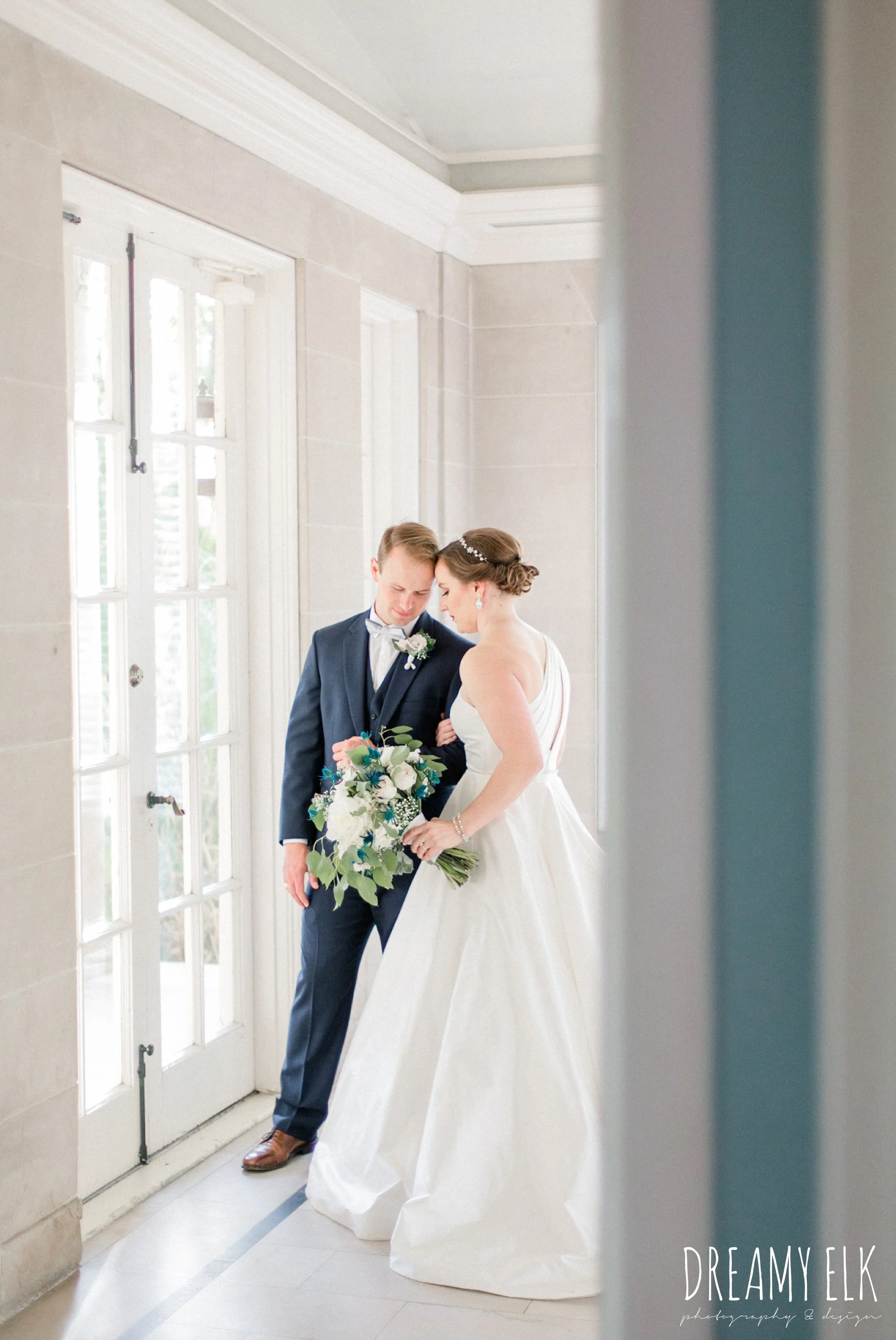 bride and groom, men's wearhouse, blue wedding bouquet, modern wedding dress ballgown, spring wedding, the astin mansion, bryan, texas, spring wedding, dreamy elk photography and design