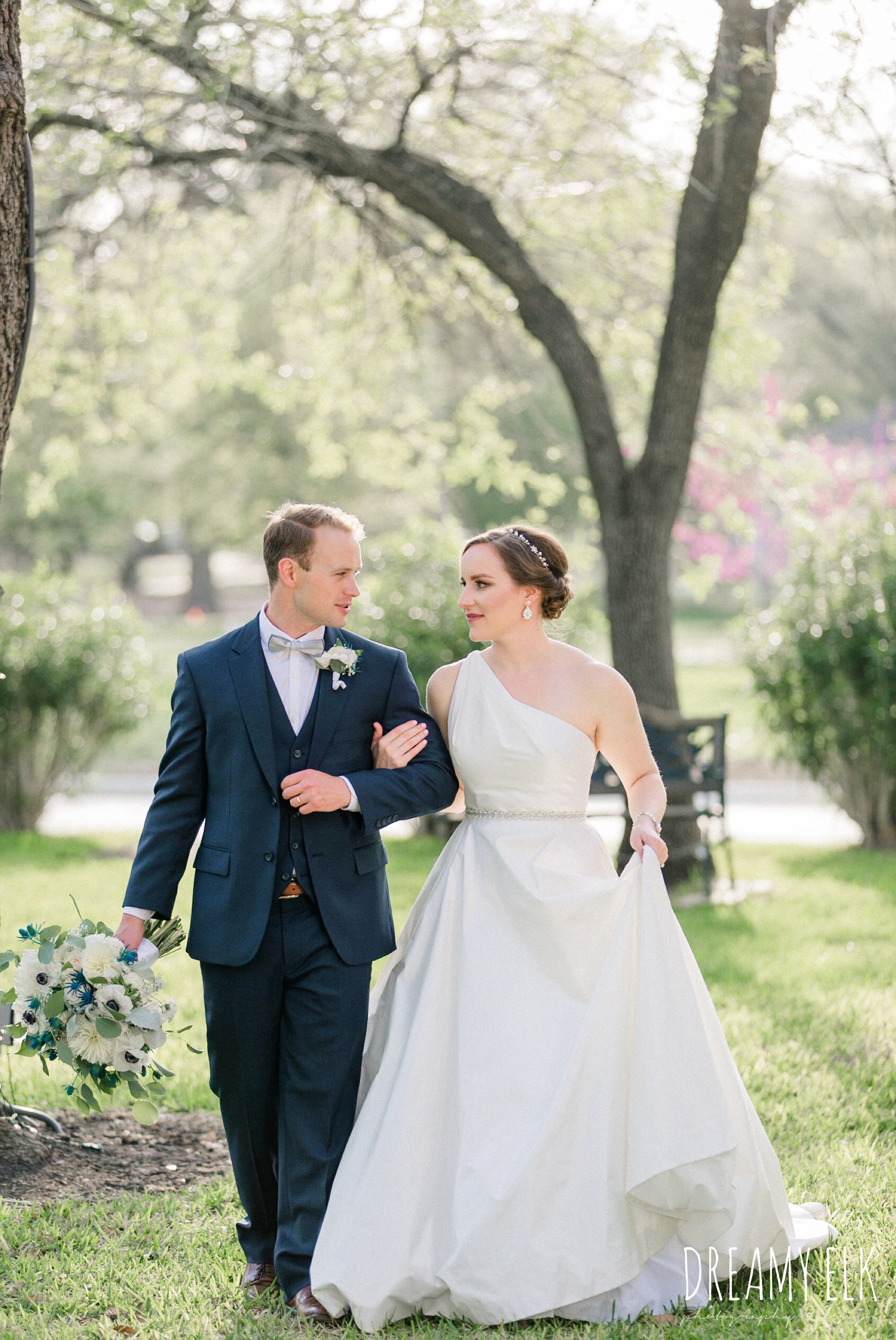 bride and groom, men's wearhouse, blue wedding bouquet, modern wedding dress ballgown, spring wedding, the astin mansion, bryan, texas, spring wedding, dreamy elk photography and design