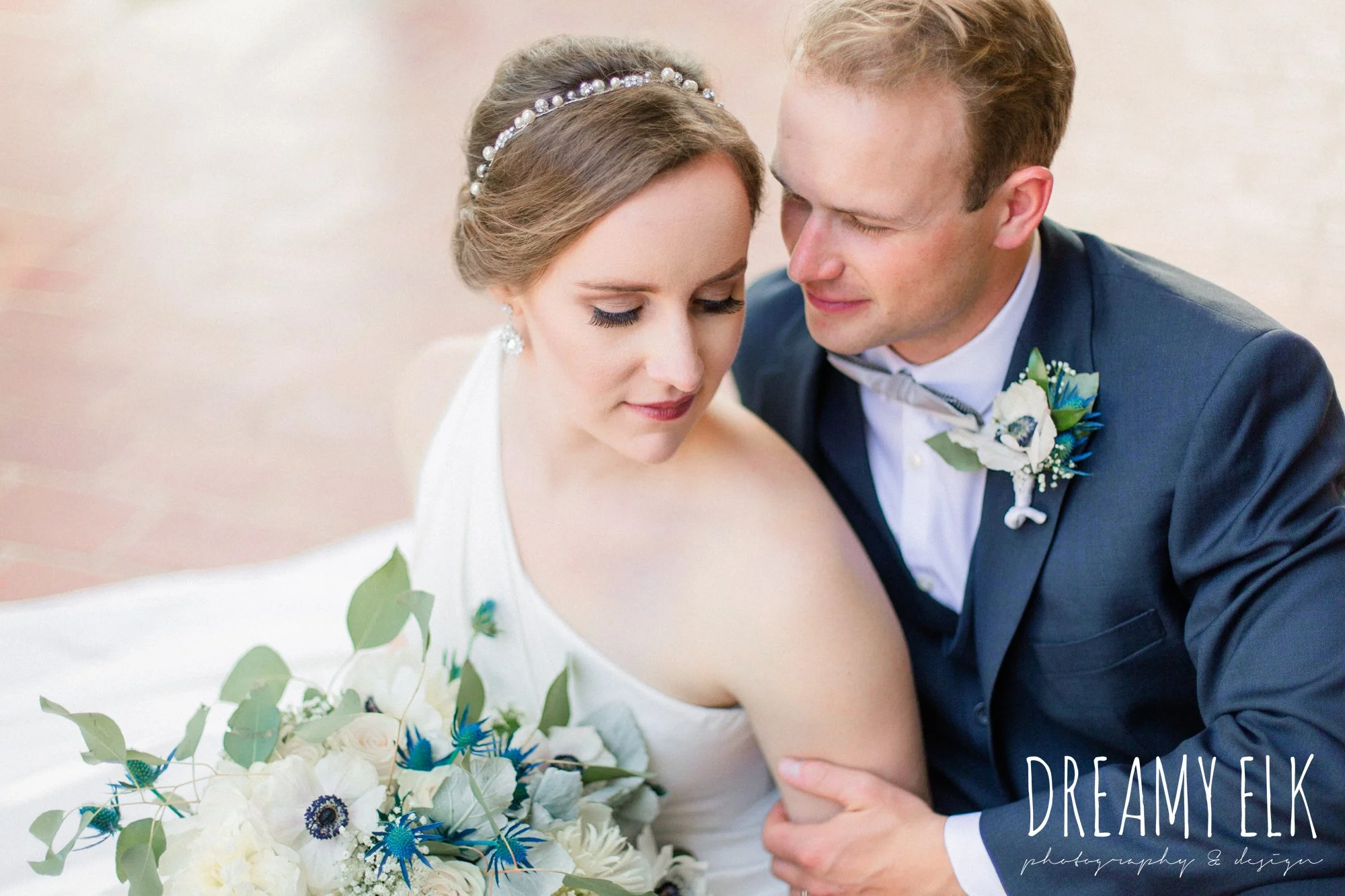 bride and groom, men's wearhouse, blue wedding bouquet, modern wedding dress ballgown, spring wedding, the astin mansion, bryan, texas, spring wedding, dreamy elk photography and design