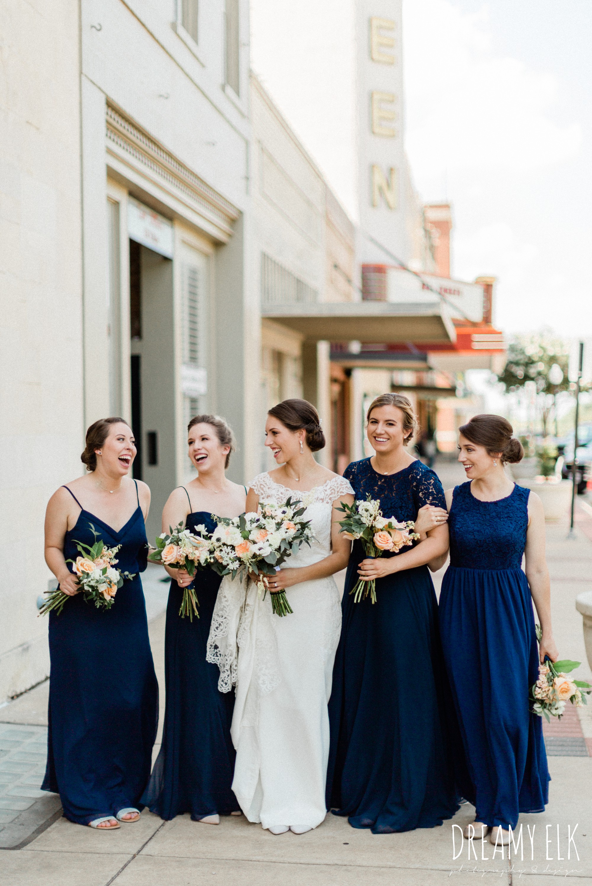 long navy mix matched bridesmaids dresses, bride, essense of australia column dress, unforgettable floral, spring wedding photo college station texas, dreamy elk photography and design