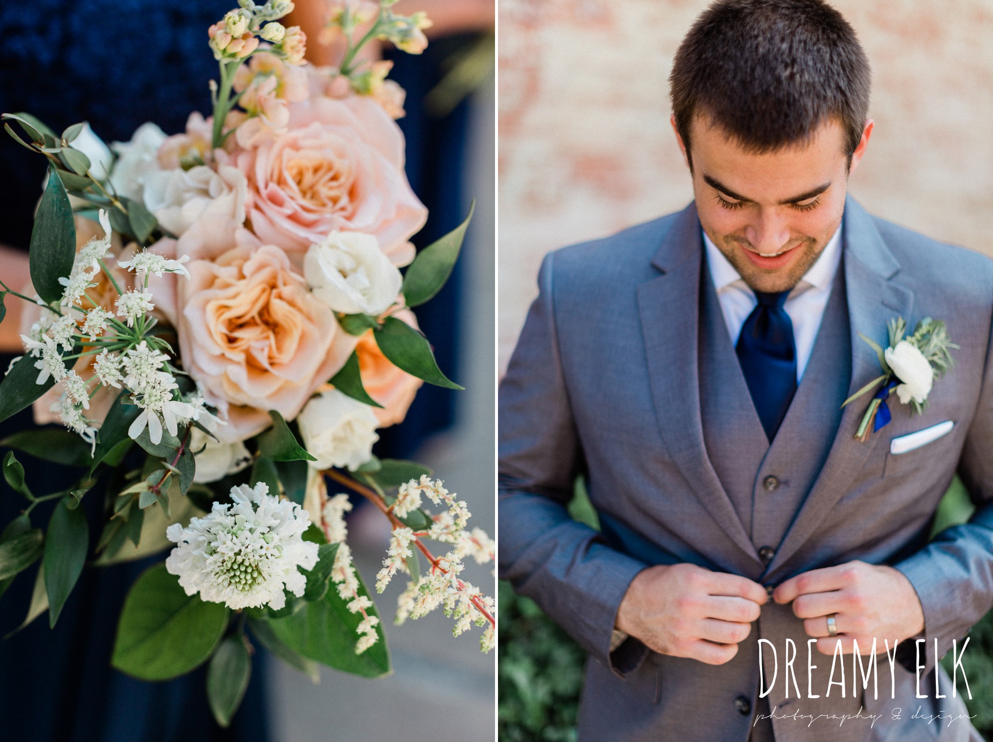 unforgettable floral, groom, gray suit navy tie, spring wedding photo college station texas, dreamy elk photography and design