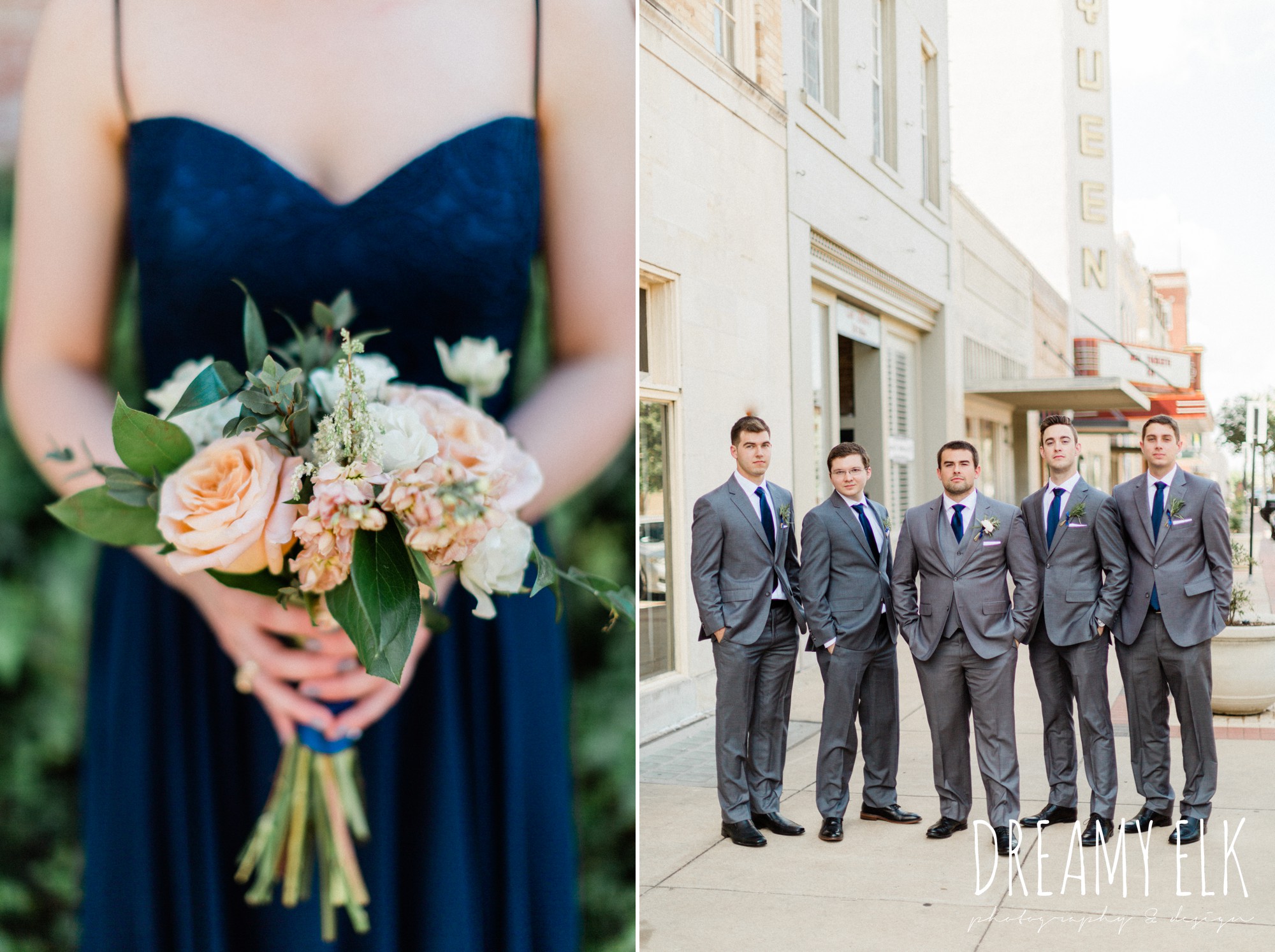 unforgettable floral, groom and groomsmen, gray suit navy tie, spring wedding photo college station texas, dreamy elk photography and design
