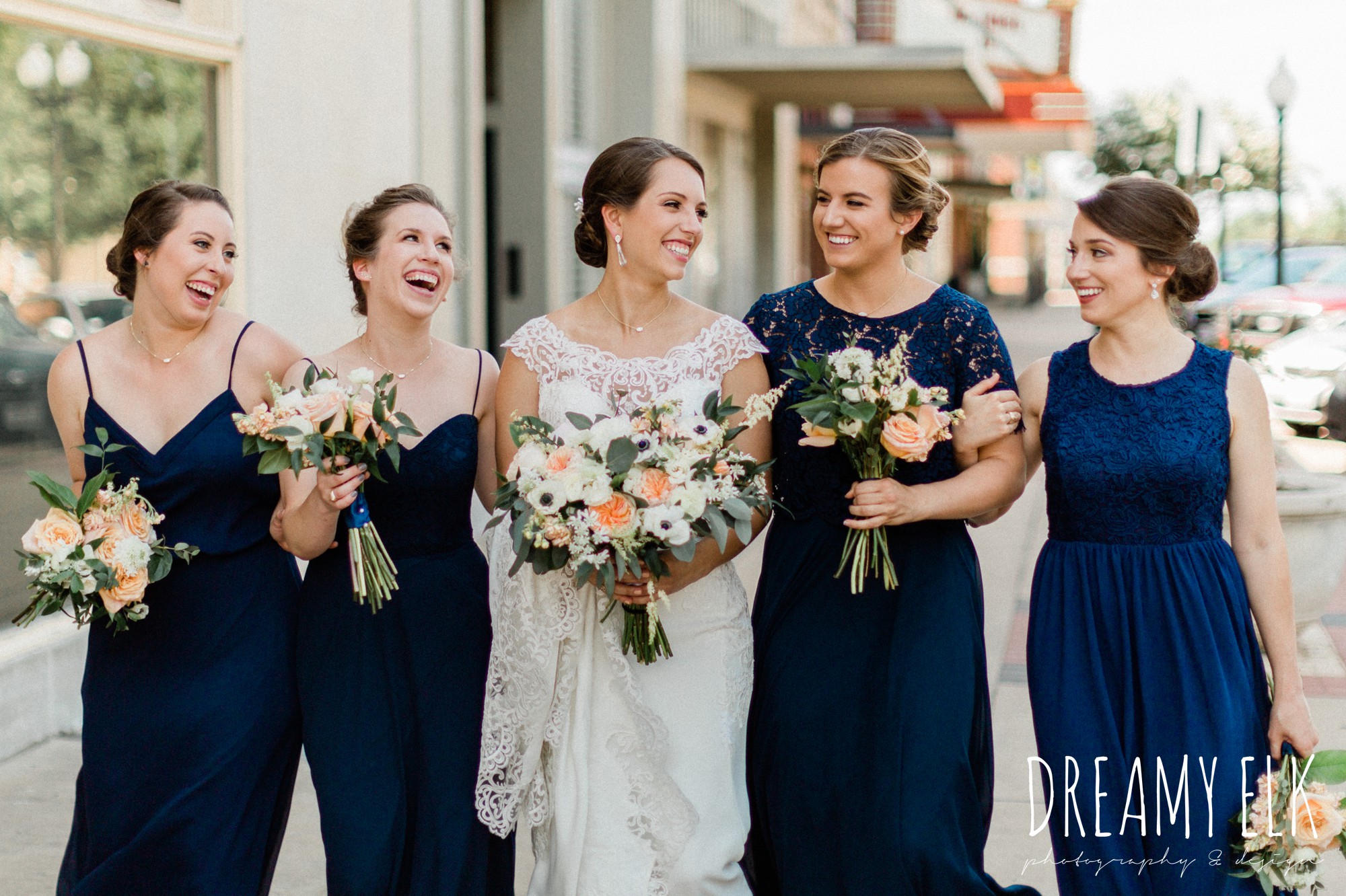 long navy mix matched bridesmaids dresses, bride, essense of australia column dress, unforgettable floral, spring wedding photo college station texas, dreamy elk photography and design