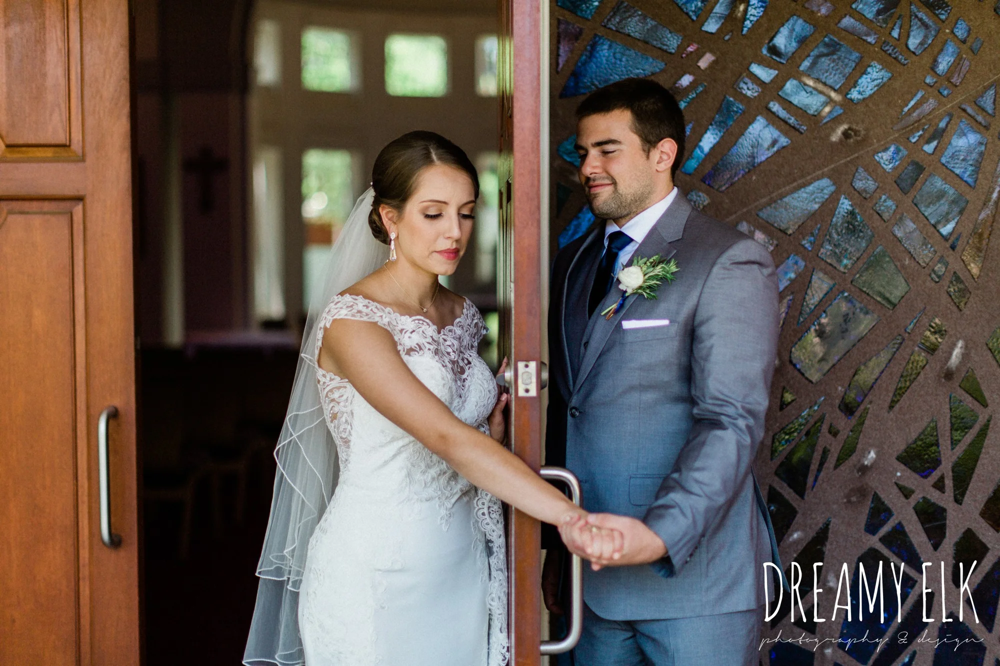 holding hands around a door, groom, bride, essense of australia column dress, unforgettable floral, spring wedding photo college station texas, dreamy elk photography and design