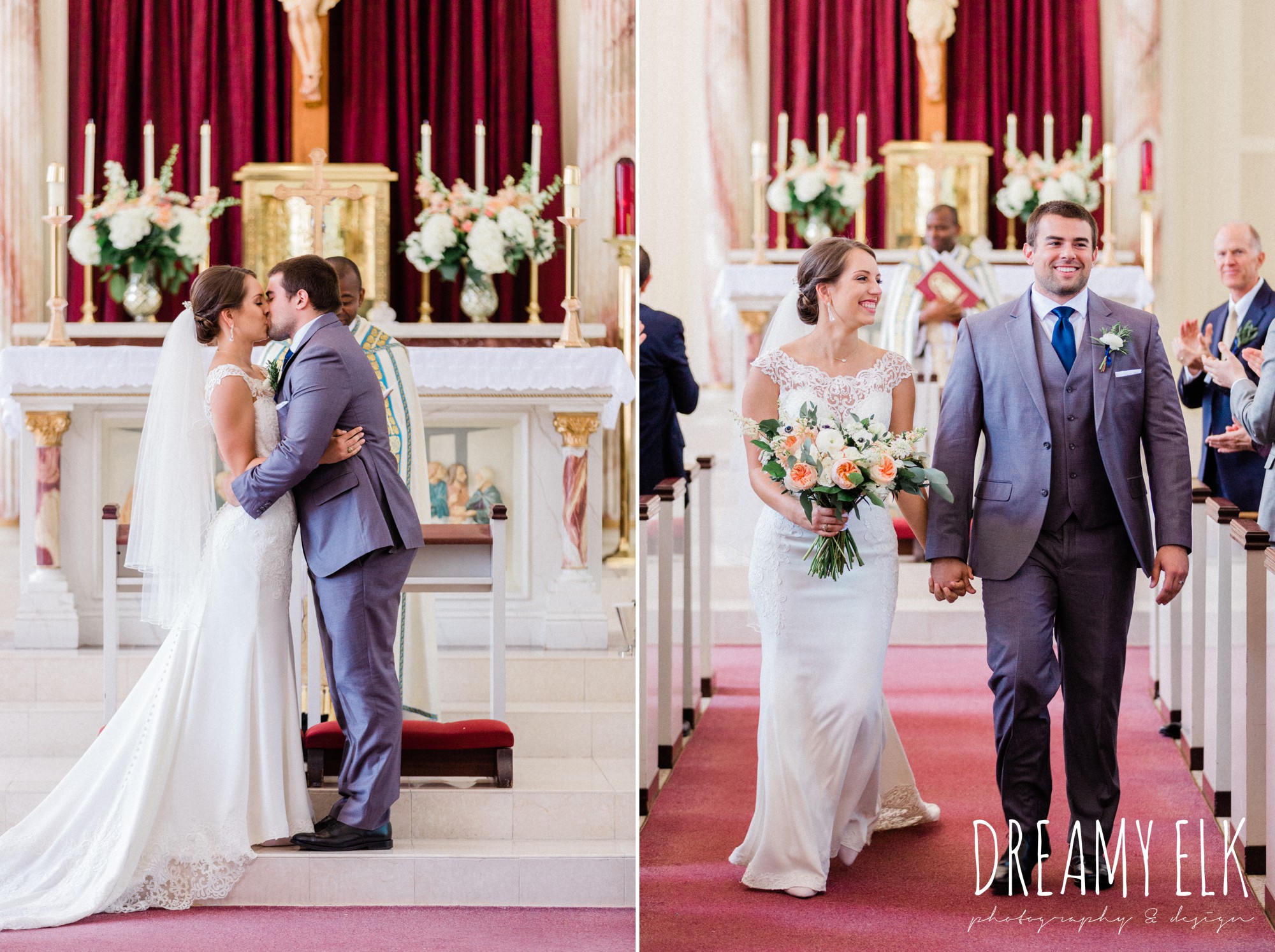 bride and groom walking down the aisle, church wedding, essense of australia column dress, unforgettable floral, spring wedding photo college station texas, dreamy elk photography and design
