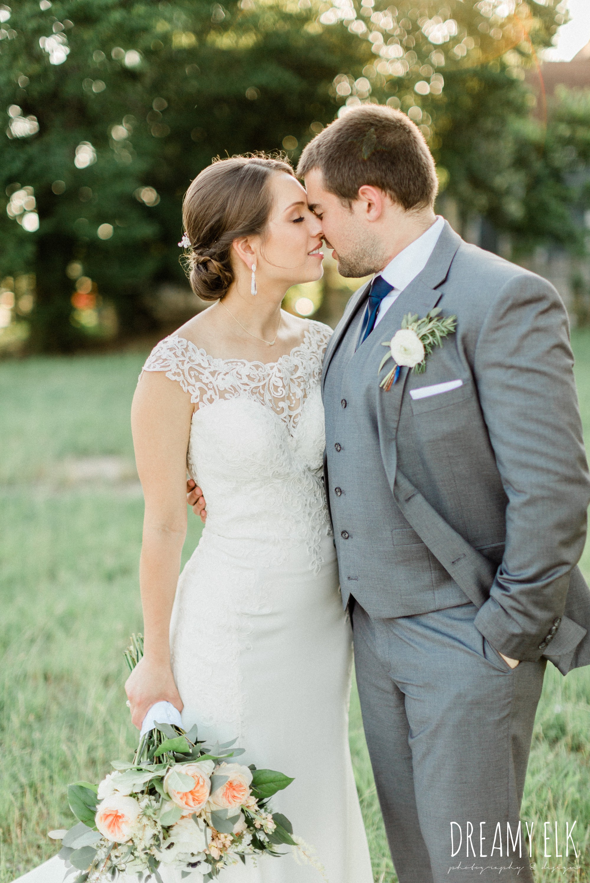 gray suit, navy tie, bride and groom, essense of australia column dress, unforgettable floral, spring wedding photo college station texas, dreamy elk photography and design