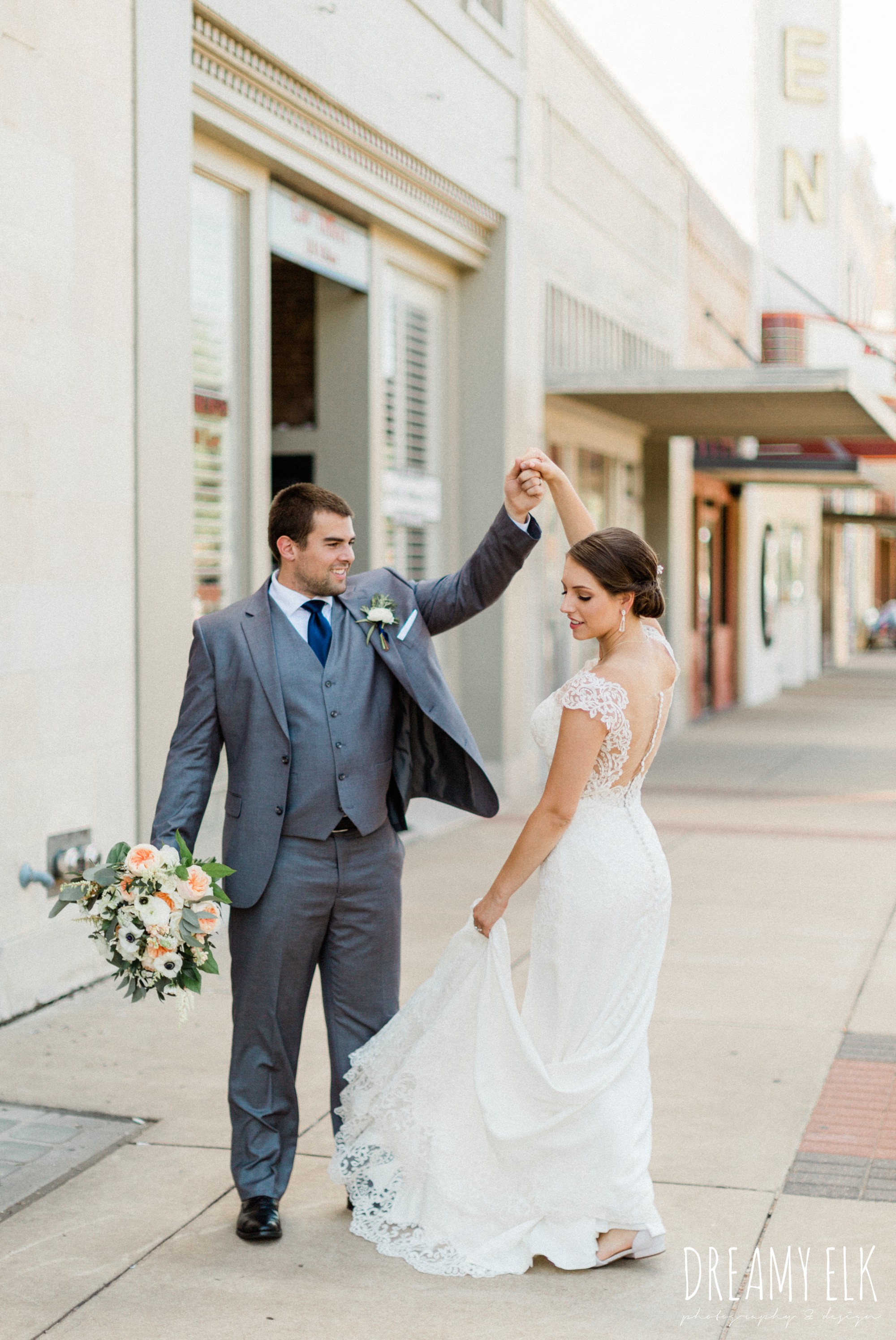 gray suit, navy tie, bride and groom, essense of australia column dress, unforgettable floral, spring wedding photo college station texas, dreamy elk photography and design