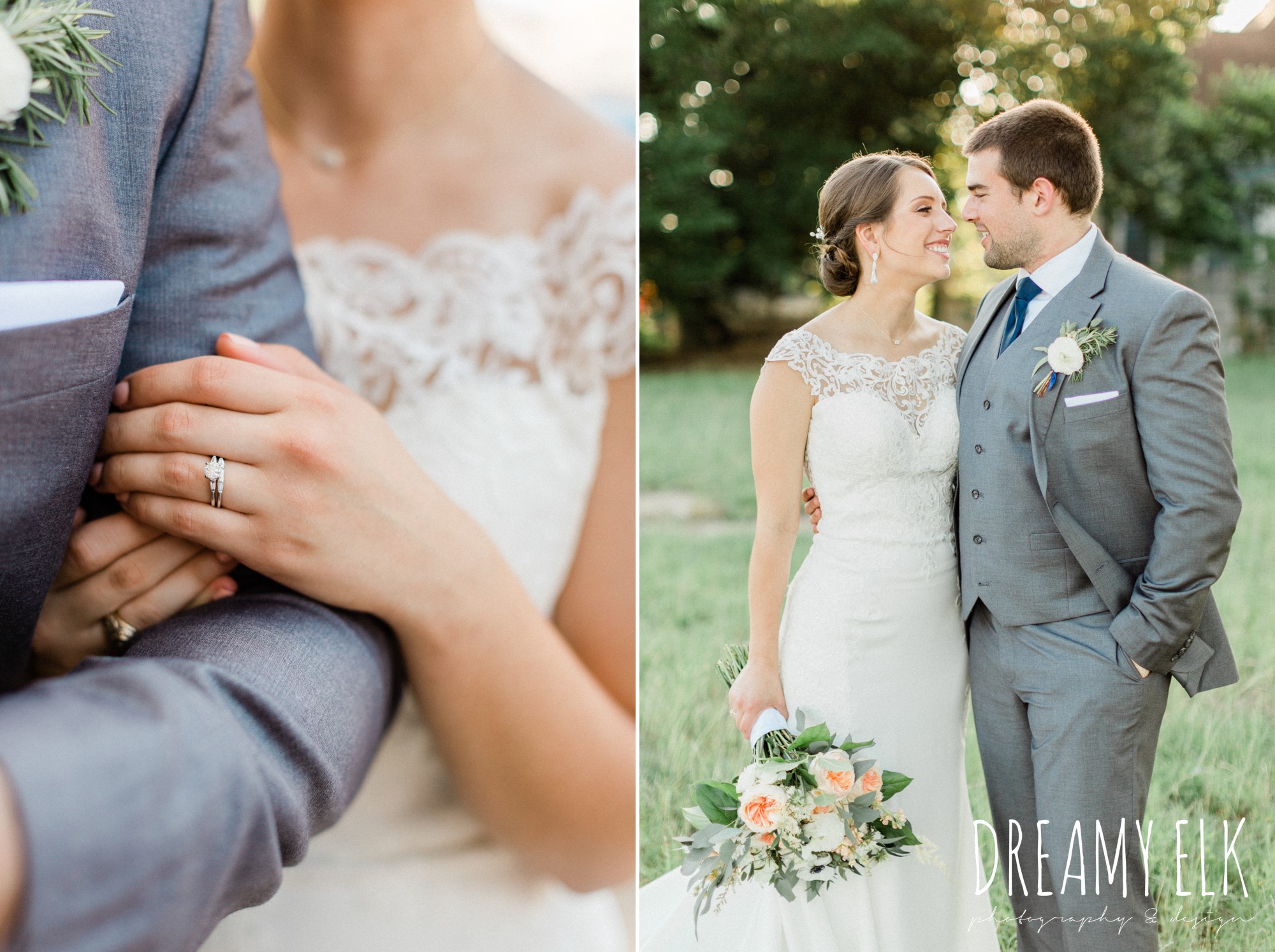 gray suit, navy tie, bride and groom, essense of australia column dress, unforgettable floral, spring wedding photo college station texas, dreamy elk photography and design